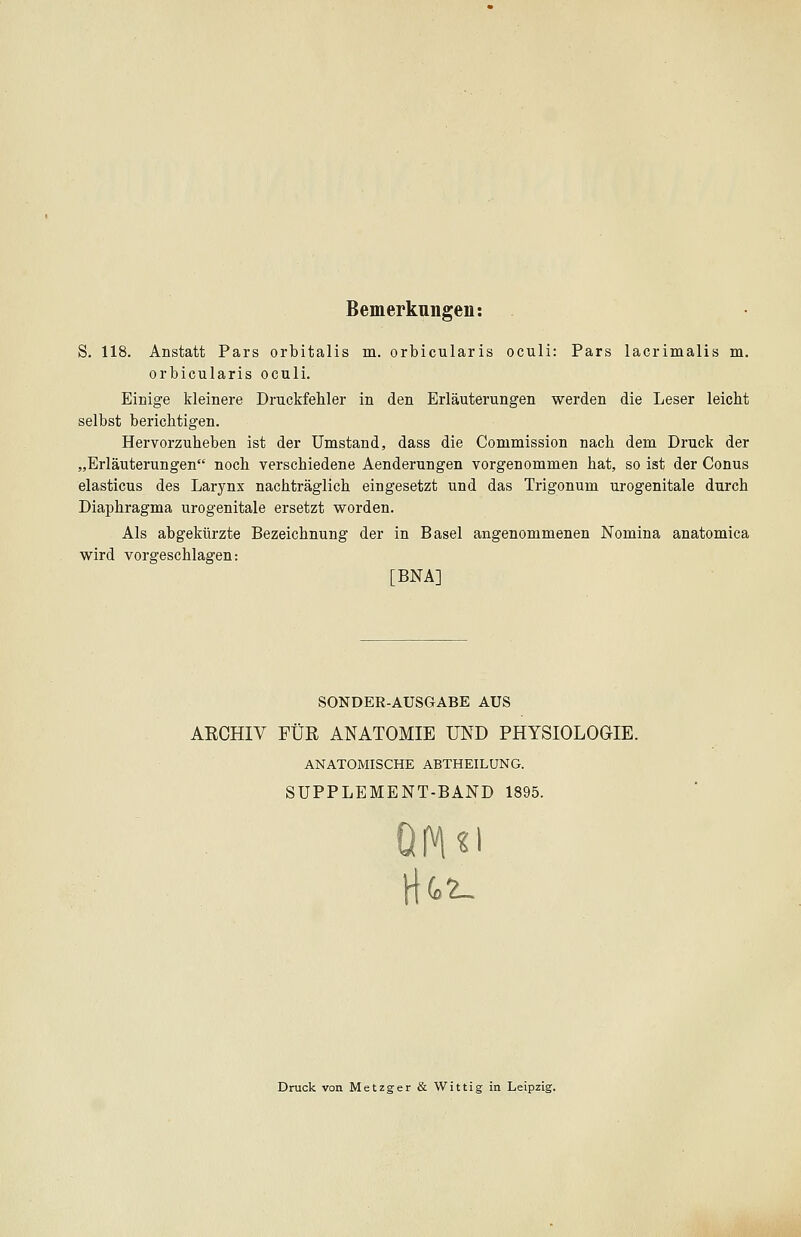 Bemerkungen: S. 118. Anstatt Pars orbitalis m. orbicularis oculi: Pars lacrimalis m. orbicularis oculi. Einige kleinere Druckfehler in den Erläuterungen werden die Leser leicht selbst berichtigen. Hervorzuheben ist der Umstand, dass die Commission nach dem Druck der „Erläuterungen noch verschiedene Aenderungen vorgenommen hat, so ist der Conus elasticus des Larynx nachträglich eingesetzt und das Trigonum urogenitale durch Diaphragma urogenitale ersetzt worden. Als abgekürzte Bezeichnung der in Basel angenommenen Nomina anatomica wird vorgeschlagen: [BNA] SONDER-AUSGABE AUS ARCHIV FÜR ANATOMIE UND PHYSIOLOGIE. ANATOMISCHE ABTHEILUNG. SUPPLEMENT-BAND 1895. Druck von Metzger & Wittig in Leipzig.