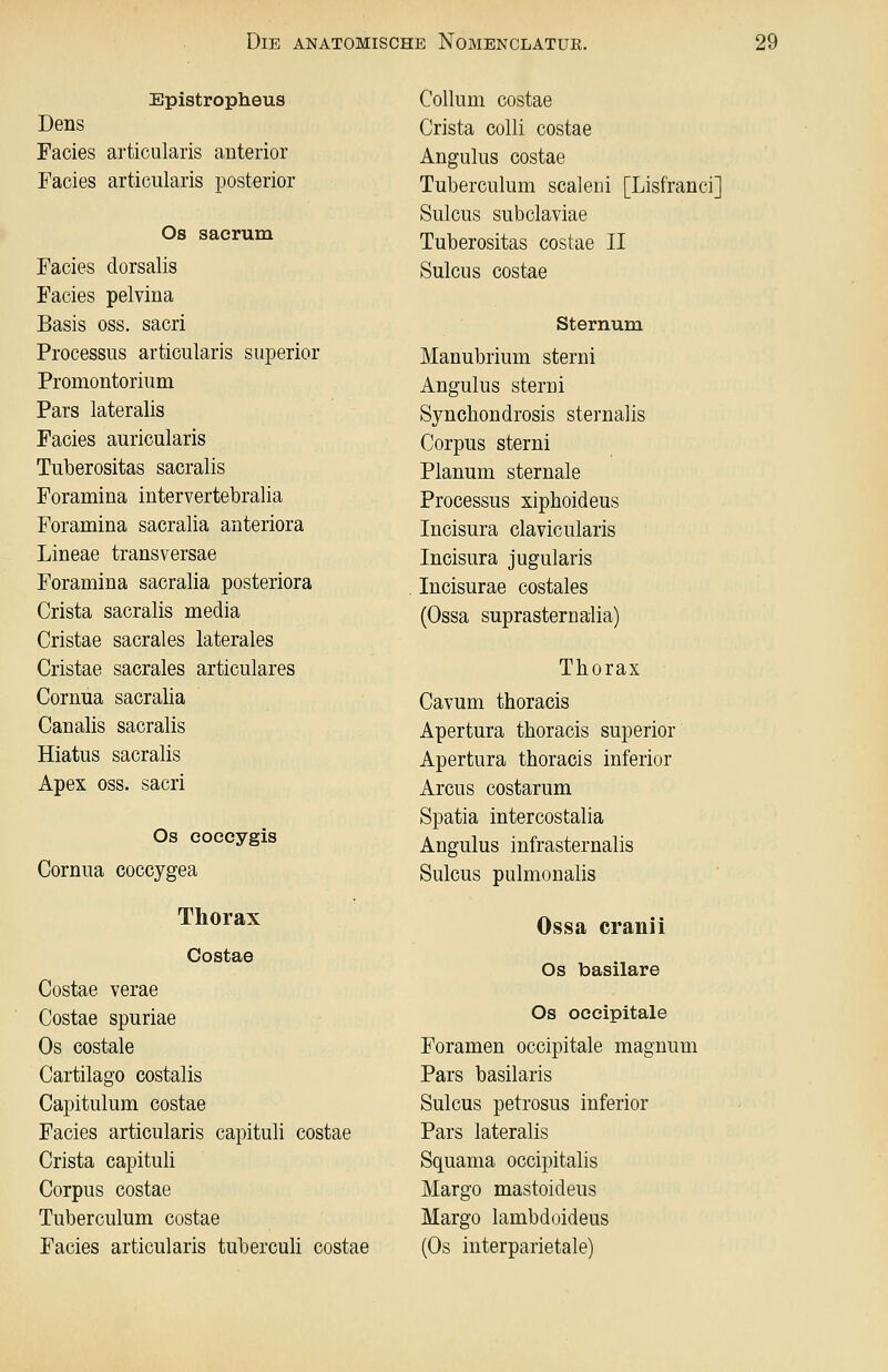 Epistropheus Dens Facies articularis anterior Facies articularis posterior Os saerum Facies dorsalis Facies pelvina Basis oss. sacri Processus articularis superior Promontorium Pars lateralis Facies auricularis Tuberositas sacralis Foramina intervertebralia Foramina sacralia anteriora Lineae transversae Foramina sacralia posteriora Crista sacralis media Cristae sacrales laterales Cristae sacrales articulares Cornua sacralia Canalis sacralis Hiatus sacralis Apex oss. sacri Os eoecygis Cornua coccygea Thorax Costae Cüstae verae Costae spuriae Os costale Cartilago costalis Capitulum costae Facies articularis capituli costae Crista capituli Corpus costae Tuberculum costae Facies articularis tuberculi costae Collum costae Crista colli costae Angulus costae Tuberculum scaleni [Lisfranci] Sulcus subclaviae Tuberositas costae II Sulcus costae Sternum Manubrium sterni Angulus sterni Syncbondrosis sternalis Corpus sterni Planum sternale Processus xiphoideus Incisura clavicularis Incisura jugularis Incisurae costales (Ossa suprasternalia) Thorax Cavum thoracis Apertura thoracis superior Apertura thoracis inferior Arcus costarum Spatia intercostalia Angulus infrasternalis Sulcus pulmonalis Ossa cranii Os taasilare Os oceipitale Foramen oceipitale magnum Pars basilaris Sulcus petrosus inferior Pars lateralis Squama occipitalis Margo mastoideus Margo lambdoideus (Os interparietale)