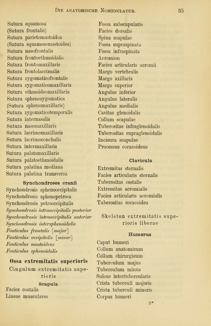 Sutura squamosa (Sutura frontalis) Sutura parietomastoidea (Sutura squamosomastoidea) Sutura nasofrontalis Sutura frontoethmoidalis Sutura froütomaxillaris Sutura frontolacrimalis Sutura zygomaticofrontalis Sutura zygomaticomaxillaris Sutura ethmoideomaxillaris Sutura sphenozygomatica (Sutura sphenomaxillaris) Sutura zygomaticotemporalis Sutura internasalis Sutura nasomaxillaris Sutura lacrimomaxillaris Sutura lacrimoconchalis Sutura intermaxillaris Sutura palatomaxillaris Sutura palatoethmoidalis Sutura palatina mediana Sutura palatina transversa Synchondroses oranii Synchondrosis sphenooccipitalis Synchondrosis sphenopetrosa Synchondrosis petrooccipitalis Synchondrosis intraoccipiialis posterior Synchondrosis intraoccipitalis anterior Synchondrosis intersphenoidalis Fonticulus frontalis [inajor] Fonticidus occipitalis '\mi7ior'] Fonticidiis mastoideus Fonticulus sphenoidalis Ossa extremitatis superioris Cingulum extremitatis supe- rioris Scapula Facies costalis Lineae musculares Fossa subscapularis Facies dorsalis Spina scapulae Fossa supraspinata Fossa infraspinata Acromion Facies articularis acromii Margo vertebralis Margo axillaris Margo superior Angulus inferior Angulus lateralis Angulus medialis Cavitas glenoidalis Collum scapulae Tuberositas infraglenoidalis Tuberositas supraglenoidalis Incisura scapulae Processus coracoideus Clavicula Extremitas sternalis Facies articularis sternalis Tuberositas costalis Extremitas acromialis Facies articularis acromialis Tuberositas coracoidea Skeleton extremitatis supe- rioris liberae Humerus Caput humeri Collum anatomicum Collum chirurgicum Tuberculum majus Tuberculum minus Sulcus intertubercularis Crista tuberculi majoris Crista tuberculi minoris Corpus humeri