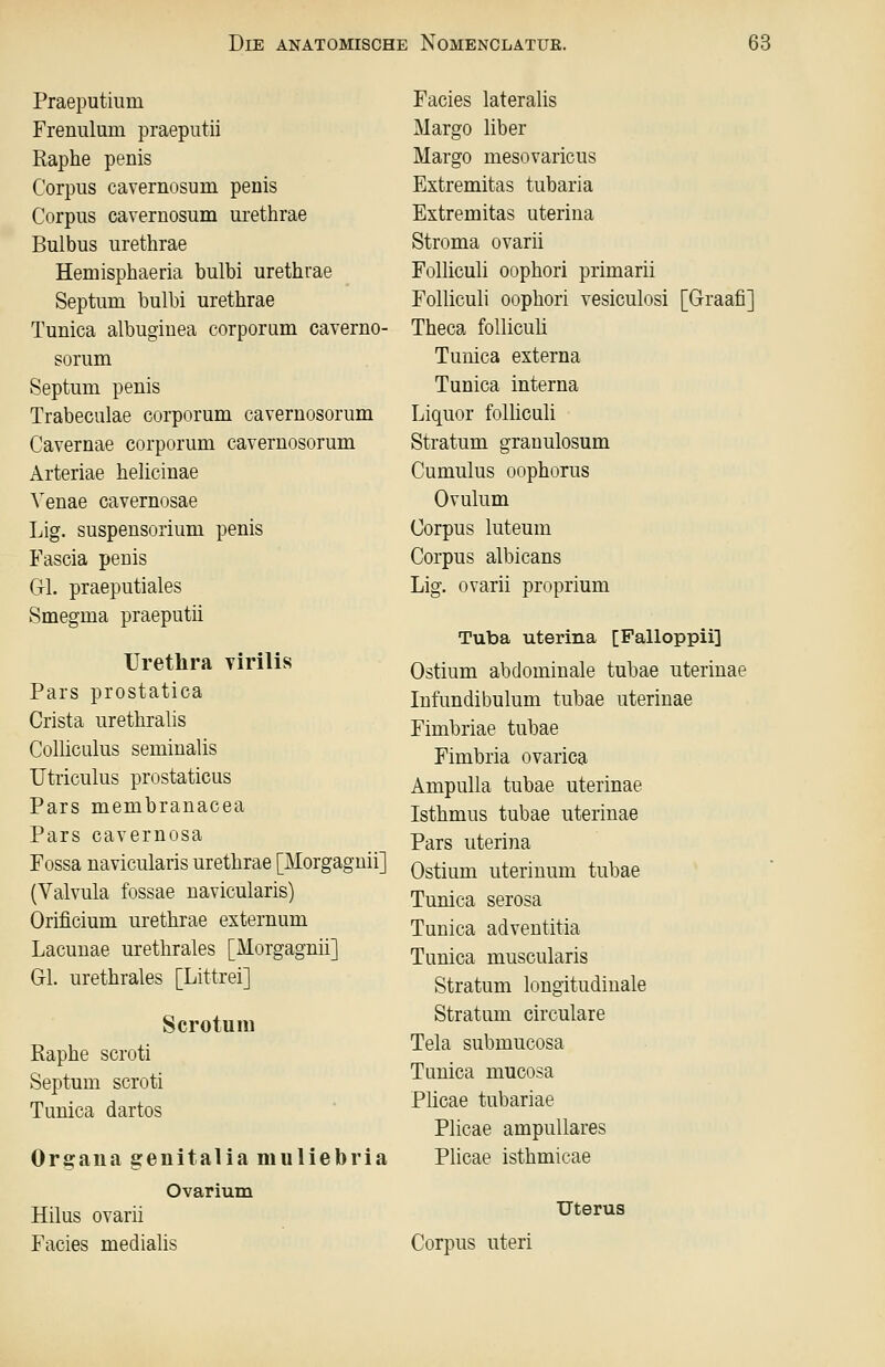 Praeputium Frenulum praeputii Raphe penis Corpus cavernosum penis Corpus caveruosum urethrae Bulbus urethrae Hemisphaeria bulbi urethrae Septum bulbi urethrae Tunica albugiuea corporum caverno- sorum Septum penis Trabeculae corporum cavernosorum Cavernae corporum cavernosorum Arteriae helicinae Venae cavernosae Lig. Suspensorium penis Fascia penis Gl. praeputiales Smegma praeputii Urethra yirilis Pars prostatica Crista urethralis Colliculus seminalis Utriculus prostaticus Pars membranacea Pars cavernosa Fossa navicularis urethrae [Morgagnii] (Valvula fossae navicularis) Orificium urethrae externum Lacuuae urethrales [Morgagnii] Gl. urethrales [Littrei] Scrotum Raphe scroti Septum scroti Tunica dartos Organa genitalia muliebria Ovarium Hilus ovarii Facies medialis Facies lateralis Margo liber Margo mesovaricus Extremitas tubaria Extremitas uterina Stroma ovarii Folliculi oophori primarii Folliculi oophori vesiculosi [Graafi] Theca follicuü Tunica externa Tunica interna Liquor foUiculi Stratum granulosum Cumulus oophorus Ovulum Corpus luteum Corpus albicans Lig. ovarii proprium Tuba uterina [Palloppii] Ostium abdominale tubae uterinae Infundibulum tubae uterinae Fimbriae tubae Fimbria ovarica Ampulla tubae uterinae Isthmus tubae uterinae Pars uterina Ostium uterinum tubae Tunica serosa Tunica adventitia Tunica muscularis Stratum longitudinale Stratum circulare Tela submucosa Tunica mucosa Plicae tubariae Plicae ampullares Plicae isthmicae Uterus Corpus uteri