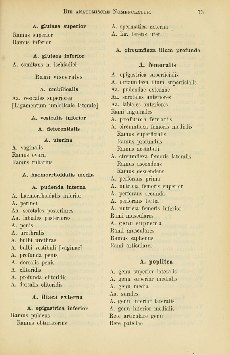 A. glutaea superior Eamus superior Ramus inferior A. glutaea inferior A. comitans n. ischiadici Eami viscerales A. umbilicalis Aa. vesicales superiores [Ligamentum umbilicale laterale] A. vesioalis inferior A. deferentialis A. uterina A. vaginalis Kamus ovarii Eamus tubarius A. haemorrhoidalis media A. pudenda interna A. haemorrhoidalis inferior A. perinei Aa. scrotales posteriores Aa. labiales posteriores A. penis A. urethralis A. bulbi urethrae A. bulbi vestibuli [vagiuae] A. profunda penis A. dorsalis penis A. clitoridis A. profunda clitoridis A. dorsalis clitoridis A. iliaca externa A. epigastriea inferior Eamus pubicus Eamus obturatorius A. spermatica externa A. lig. teretis uteri A. oircumflexa ilium profunda A. femoralis A. epigastriea superficialis A. circumflexa ilium superficialis Aa. pudendae externae Aa. scrotales anteriores Aa. labiales anteriores Eami inguinales A. profunda femoris A. circumflexa femoris medialis Eamus superficialis Eamus profundus Eamus acetabuli A. circumflexa femoris lateralis Eamus ascendens Eamus descendens A. perforans prima A. nutricia femoris superior A. perforans secunda A, perforans tertia A. nutricia femoris inferior Eami musculares A. genu suprema Eami musculares Eamus sapbenus Eami articulares A. Poplitea A. genu superior lateralis A. genu superior medialis A. genu media Aa. surales A. genu inferior lateralis A. genu inferior medialis Eete articulare genu Eete patellae