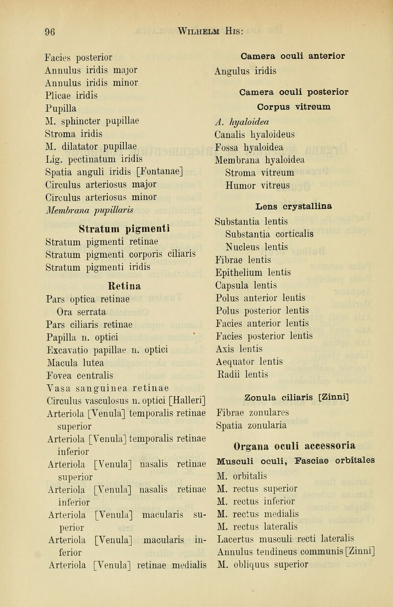 Facies posterior Annulus iridis major Annulus iridis minor Plicae iridis Pupilla M. sphincter pupillae Stroma iridis M. dilatator pupillae Lig. pectinatum iridis Spatia anguli iridis [Eontanae] Circulus arteriosus major Circulus arteriosus minor Membrana pupillaris Stratum pigmenti Stratum pigmenti retinae Stratum pigmenti corporis ciliaris Stratum pigmenti iridis Retina Pars optica retinae Ora serrata Pars ciliaris retinae Papilla n. optici Excavatio papillae n. optici Macula lutea Fovea centralis Vasa sanguinea retinae Circulus vasculosus n. optici [Halleri] Arteriola [Venula] temporalis retinae superior Arteriola [Venula] temporalis retinae inferior Arteriola [Venula] nasalis retinae superior Arteriola [Venula] nasalis retinae inferior Arteriola [Venula] macularis su- perior Arteriola [Venula] macularis in- ferior Arteriola [Venula] retinae medialis Camera oculi anterior Angulus iridis Camera oculi posterior Corpus vitreum Ä. hyaloidea Canalis hyaloideus Fossa hyaloidea Membrana hyaloidea Stroma vitreum Humor vitreus Lens crystallina Substantia lentis Substantia corticalis Nucleus lentis Fibrae lentis Epithelium lentis Capsula lentis Polus anterior lentis Polus posterior lentis Facies anterior lentis Facies posterior lentis Axis lentis Aequator lentis Radii lentis Zonula ciliaris [Zinni] Fibrae zonulares Spatia zonularia Organa oculi accessoria Musculi oculi, Fasciae orbitales M. orbitalis M. rectus superior M. rectus inferior M. rectus medialis M. rectus lateralis Lacertus musculi recti lateralis Annulus teudiueus communis [Zinni] M. obliquus superior