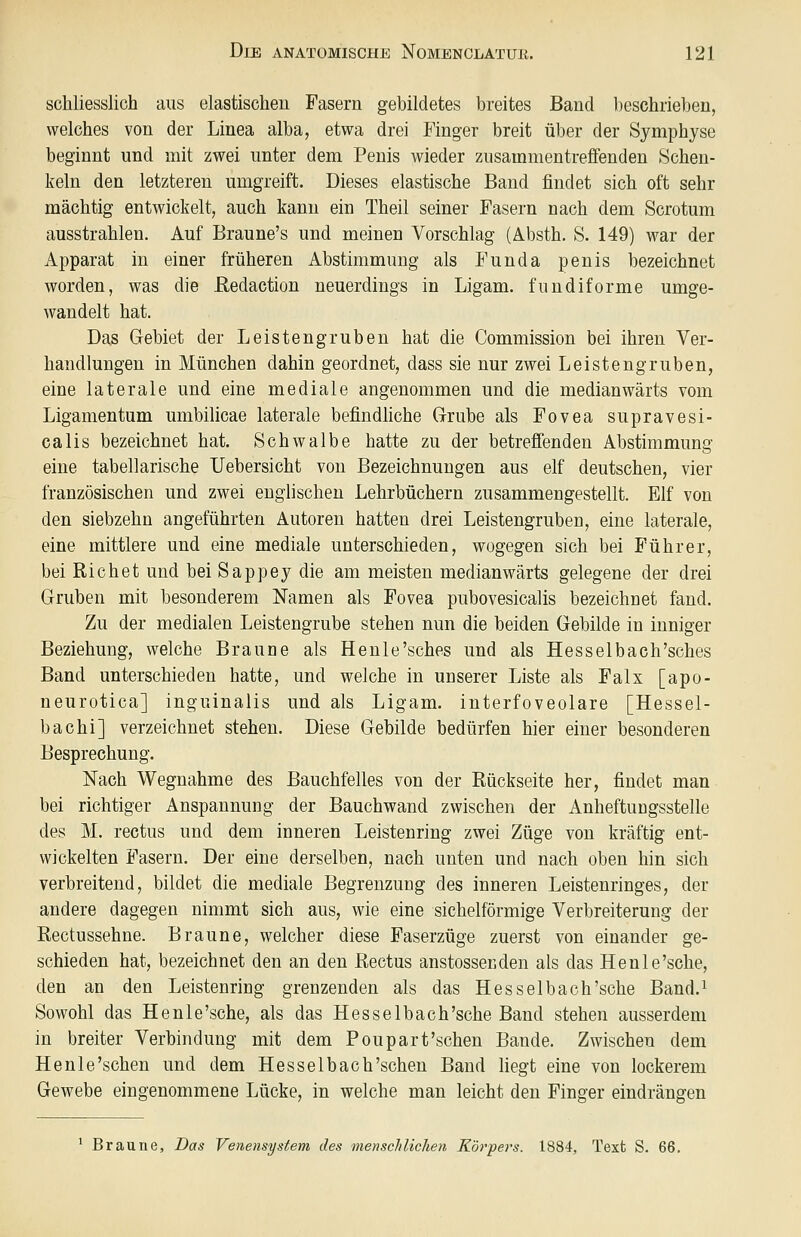 schliesslich aus elastischen Fasern gebildetes breites Band beschrieben, welches von der Linea alba, etwa drei Finger breit über der Symphyse beginnt und mit zwei unter dem Penis wieder zusammentreffenden Schen- keln den letzteren umgreift. Dieses elastische Band findet sich oft sehr mächtig entwickelt, auch kann ein Theil seiner Fasern nach dem Scrotum ausstrahlen. Auf Braune's und meinen Vorschlag (Absth. S. 149) war der Apparat in einer früheren Abstimmung als Funda penis bezeichnet worden, was die ßedaction neuerdings in Ligam. fiindiforme umge- wandelt hat. Das Gebiet der Leistengruben hat die Commission bei ihren Ver- handlungen in München dahin geordnet, dass sie nur zwei Leistengruben, eine laterale und eine mediale angenommen und die medianwärts vom Ligamentum umbilicae laterale befindliche Grube als Fovea supravesi- calis bezeichnet hat. Schwalbe hatte zu der betreffenden Abstimmung eine tabellarische Uebersicht von Bezeichnungen aus elf deutschen, vier französischen und zwei englischen Lehrbüchern zusammengestellt. Elf von den siebzehn angeführten Autoren hatten drei Leistengrubeu, eine laterale, eine mittlere und eine mediale unterschieden, wogegen sich bei Führer, bei Riebet und bei Sappey die am meisten medianwärts gelegene der drei Gruben mit besonderem Namen als Fovea pubovesicalis bezeichnet fand. Zu der medialen Leistengrube stehen nun die beiden Gebilde in inniger Beziehung, welche Braune als Heule'sches und als Hes selb ach'sches Band unterschieden hatte, und welche in uuserer Liste als Falx [apo- neurotica] inguinalis und als Ligam. interfoveolare [Hessel- bachi] verzeichnet stehen. Diese Gebilde bedürfen hier einer besonderen Besprechung. Nach Wegnahme des Bauchfelles von der Rückseite her, findet man bei richtiger Anspannung der Bauchwand zwischen der Anheftungsstelle des M. rectus und dem inneren Leistenring zwei Züge von kräftig ent- wickelten Fasern. Der eine derselben, nach unten und nach oben hin sich verbreitend, bildet die mediale Begrenzung des inneren Leistenringes, der andere dagegen nimmt sich aus, wie eine sichelförmige Verbreiterung der Rectussehne. Braune, welcher diese Faserzüge zuerst von einander ge- schieden hat, bezeichnet den an den Rectus anstossenden als das Henle'sche, den an den Leistenring grenzenden als das Hesselbach'sche Band.i Sowohl das Henle'sche, als das Hesselbach'sche Band stehen ausserdem in breiter Verbindung mit dem Poupart'schen Bande. Zwischen dem He nie'sehen und dem Hesse Ib ach'scheu Band hegt eine von lockerem Gewebe eingenommene Lücke, in welche man leicht den Finger eindräng-en ' Braune, Das Venensystem des menschlichen Körpers. 1884, Text S. 66.