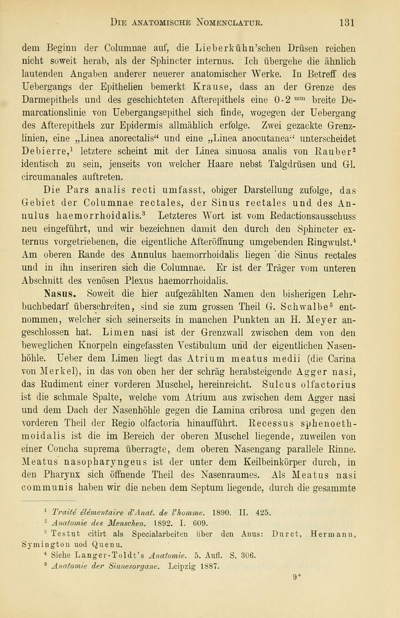 dem Beginn der Coliimnae auf, die Lieberkühn'schen Drüsen reichen nicht soweit herab, als der Sphincter internus. Ich übergehe die ähnlich lautenden Angaben anderer neuerer anatomischer Werke. In Betreff des Uebergangs der Epithelien bemerkt Krause, dass an der Grenze des Darmepithels und des geschichteten Afterepithels eine 0 • 2 ™°i breite De- marcationslinie von üebergangsepithel sich finde, wogegen der Uebergang des Afterepithels zur Epidermis allmählich erfolge. Zwei gezackte Grenz- linien, eine „Linea anorectalis und eine „Linea anocutanea-' unterscheidet Debierre,^ letztere scheint mit der Linea sinuosa analis von Eauber^ identisch zu sein, jenseits von welcher Haare nebst Talgdrüsen und Gl. circumanales auftreten. Die Pars analis recti umfasst, obiger Darstellung zufolge, das Gebiet der Columnae rectales, der Sinus rectales und des An- nulus haemorrhoidalis.^ Letzteres Wort ist vom Redactionsausschuss neu eingeführt, und wir bezeichnen damit den durch den Sphincter ex- ternus vorgetriebenen, die eigentliche Afteröffnung umgebenden Ringwulst.* Am oberen Rande des Annulus haemorrhoidahs liegen 'die Sinus rectales und in ihn inseriren sich die Columnae. Er ist der Träger vom unteren Abschnitt des venösen Plexus haemorrhoidalis. Nasus. Soweit die hier aufgezählten Xamen den bisherigen Lehr- buchbedarf überschreiten, sind sie zum grossen Theil G. Schwalbe^ ent- nommen, welcher sich seinerseits in manchen Punkten an H. Meyer an- geschlossen hat. Limen nasi ist der Grenz wall zwischen dem von den beweglichen Knorpeln eingefassten Vestibulum und der eigentlichen Nasen- höhle, lieber dem Limen liegt das Atrium meatus medii (die Carina von Merkel), in das von oben her der schräg herabsteigende Agger nasi, das Rudiment einer vorderen Muschel, hereinreicht. Sulcus olfactorius ist die schmale Spalte, welche vom Atrium aus zwischen dem Agger nasi und dem Dach der Nasenhöhle gegen die Lamina cribrosa und gegen den vorderen Theil der Regio olfactoria hinaufführt. Recessus sphenoeth- moidalis ist die im Bereich der oberen Muschel liegende, zuweilen von einer Concha suprema überragte, dem oberen Nasengang parallele Rinne. Meatus nasopharjngeus ist der unter dem Keilbeinkörper durch, in den Pharynx sich öffnende Theil des Nasenraumes. Als Meatus nasi communis haben wir die neben dem Septum liegende, durch die gesammte ^ Traite eUmentaire d'Anat. de l'homme. 1890. II. 425. - Anatomie des Menschen. 1892. I. 609. ^ Testut citirt als Special arbeiten über den Anus: Duret, Hermann, Symington uod Quenu. * Siehe Langer-Toldt's Anatomie. 5. Aufl. S. 306. * Anatomie der Sinnesorgane. Leipzig 1887. 9*