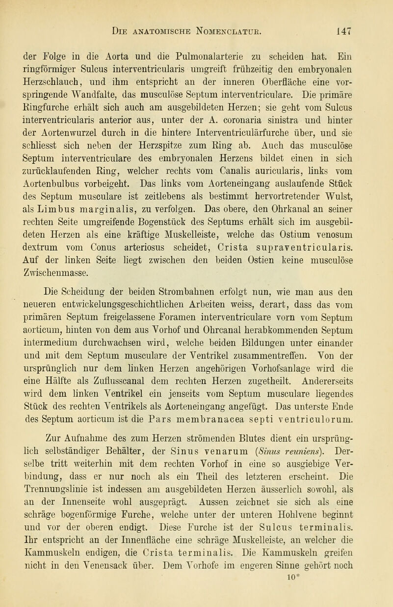 der Folge in die Aorta und die Pulmonalarterie zu scheiden hat. Ein ringförmiger Sulcus interventricularis umgreift frühzeitig den embryonalen Herzschlauch, und ihm entspricht an der inneren Oberfläche eine vor- springende Wandfalte, das musculöse Septum interventriculare. Die primäre Kingfurche erhält sich auch am ausgebildeten Herzen; sie geht vom Sulcus interventricularis anterior aus, unter der A. coronaria sinistra und hinter der Aortenwurzel durch in die hintere Interventriculärfurche über, und sie schliesst sich neben der Herzspitze zum Ring ab. Auch das musculöse Septum interventriculare des embryonalen Herzens bildet einen in sich zurücklaufenden Ring, welcher rechts vom Canalis auricularis, links vom Aortenbulbus vorbeigeht. Das links vom Aorteneingang auslaufende Stück des Septum musculare ist zeitlebens als bestimmt hervortretender Wulst, alsLimbus marginalis, zu verfolgen. Das obere, den Ohrkanal an seiner rechten Seite umgreifende Bogenstück des Septums erhält sich im ausgebil- deten Herzen als eine kräftige Muskelleiste, welche das Ostium venosum dextrum vom Conus arteriosus scheidet, Crista supraventricularis. Auf der linken Seite liegt zwischen den beiden Ostien keine musculöse Zwischenmasse. Die Scheidung der beiden Strombahnen erfolgt nun, wie man aus den neueren entwickelungsgeschichtlichen Arbeiten weiss, derart, dass das vom primären Septum freigelassene Foramen interventriculare vorn vom Septum aorticum, hinten von dem aus Vorhof und Ohrcanal herabkommenden Septum intermedium durchwachsen wird, welche beiden Bildungen unter einander und mit dem Septum musculare der Ventrikel zusammentreffen. Von der ursprünglich nur dem linken Herzen angehörigen Vorhofsanlage wird die eine Hälfte als Zuflusscanal dem rechten Herzen zugetheilt. Andererseits wird dem linken Ventrikel ein jenseits vom Septum musculare liegendes Stück des rechten Ventrikels als Aorteneingang angefügt. Das unterste Ende des Septum aorticum ist die Pars membranacea septi ventriculorum. Zur Aufnahme des zum Herzen strömenden Blutes dient ein ursprüng- lich selbständiger Behälter, der Sinus venarum {Sinus reuniens). Der- selbe tritt weiterhin mit dem rechten Vorhof in eine so ausgiebige Ver- bindung, dass er nur noch als ein Theil des letzteren erscheint. Die Trennungslinie ist indessen am ausgebildeten Herzen äusserlich sowohl, als an der Innenseite wohl ausgeprägt. Aussen zeichnet sie sich als eine schräge bogenförmige Furche, welche unter der unteren Hohlvene beginnt und vor der oberen endigt. Diese Furche ist der Sulcus terminalis. Ihr entspricht an der Innenfläche eine schräge Muskelleiste, an welcher die Kammuskeln endigen, die Crista terminalis. Die Kammuskelu greifen nicht in den Venensack über. Dem Vorhofe im engeren Sinne gehört noch 10*