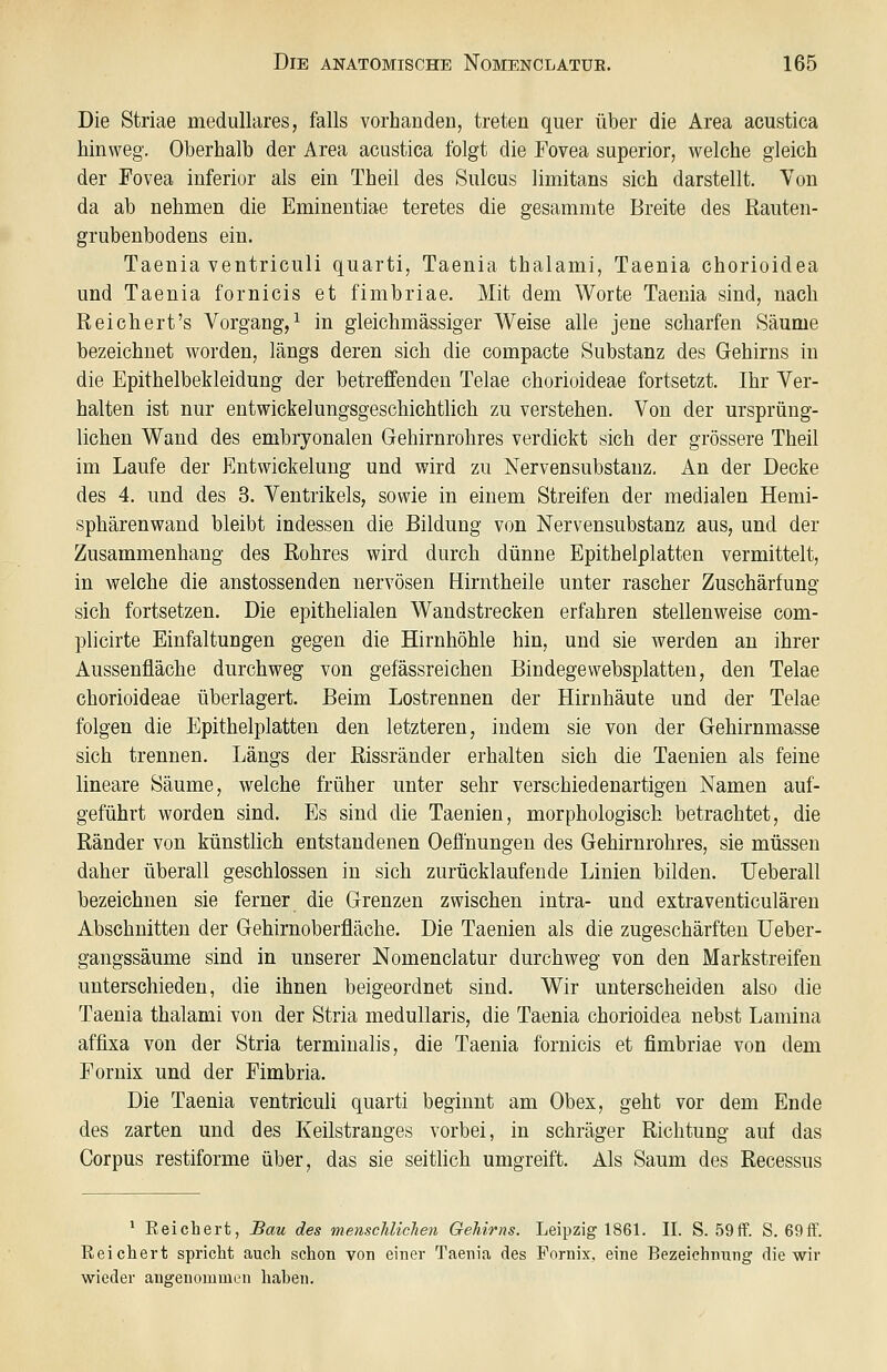 Die Striae medulläres, falls vorhanden, treten quer über die Area acustica hinweg. Oberhalb der Area acustica folgt die Fovea superior, welche gleich der Fovea inferior als ein Theil des Sulcus limitans sich darstellt. Von da ab nehmen die Eminentiae teretes die gesammte Breite des ßauten- grubenbodens ein. Taenia ventriculi quarti, Taenia thalami, Taenia chorioidea und Taenia fornicis et fimbriae. Mit dem Worte Taenia sind, nach Reichert's Vorgang,^ in gleichmässiger Weise alle jene scharfen Säume bezeichnet worden, längs deren sich die compacte Substanz des Gehirns in die Epithelbekleidung der betreffenden Telae chorioideae fortsetzt. Ihr Ver- halten ist nur entwickelungsgeschichtlich zu verstehen. Von der ursprüng- lichen Wand des embryonalen Gehirnrohres verdickt sich der grössere Theil im Laufe der Entwickeluug und wird zu Nervensubstanz, An der Decke des 4. und des 3. Ventrikels, sowie in einem Streifen der medialen Hemi- sphärenwand bleibt indessen die Bildung von Nervensubstanz aus, und der Zusammenhang des Rohres wird durch dünne Epithelplatten vermittelt, in welche die anstossenden nervösen Hirntheile unter rascher Zuschärfung sich fortsetzen. Die epithelialen Wandstrecken erfahren stellenweise com- plicirte Einfaltungen gegen die Hirnhöhle hin, und sie werden an ihrer Aussenfläche durchweg von gefässreichen Bindegewebsplatten, den Telae chorioideae überlagert. Beim Lostrennen der Hirnhäute und der Telae folgen die Epithelplatten den letzteren, indem sie von der Gehirnmasse sich trennen. Längs der Rissränder erhalten sich die Taenien als feine lineare Säume, welche früher unter sehr verschiedenartigen Namen auf- geführt worden sind. Es sind die Taenien, morphologisch betrachtet, die Ränder von künstlich entstandenen Oeffnungen des Gehirnrohres, sie müssen daher überall geschlossen in sich zurücklaufende Linien bilden. Ueberall bezeichnen sie ferner die Grenzen zwischen intra- und extraventiculären Abschnitten der Gehirnoberfläche. Die Taenien als die zugeschärften Ueber- gangssäume sind in unserer Nomenclatur durchweg von den Markstreifen unterschieden, die ihnen beigeordnet sind. Wir unterscheiden also die Taenia thalami von der Stria medullaris, die Taenia chorioidea nebst Lamina affixa von der Stria termiualis, die Taenia fornicis et fimbriae von dem Fornix und der Fimbria. Die Taenia ventriculi quarti beginnt am Obex, geht vor dem Ende des zarten und des Keilstranges vorbei, in schräger Richtung auf das Corpus restiforme über, das sie seitlich umgreift. Als Saum des Recessus * Eeichert, Bau des menschlichen Gehirns. Leipzig 1861. II. S. 59ff. S. 69ff. Eeichert spricht auch schon von einer Taenia des Fornix. eine Bezeichnung die wir wieder angenommen haben.