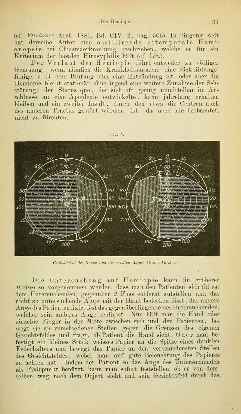 (cf. Virchoivs Arch. 1886. Bd. CIV. 2, pag. 306). In jüngster Zeit hat derselbe Antor eine oscillirende bitemporale Hemi- anopsie bei Cliiasniaerkrankung- beschrieben, welche er für ein Kriterium der basalen Hirnsyphilis hält (cf. Lit.). Der Verlauf der Hemiopie führt entweder zn völliger Genesung, wenn nämlich die Krankheitsursache eine rückbildungs- fähige, z. ß. eine Blutung oder eine Entzündung ist. oder aber die Hemiopie bleibt stationär ohne irgend eine weitere Zunahme der Seh- störung ; der Status Cjuo. der sich oft genug unmittelbar im An- schlüsse an eine Apoplexie entwickelte. kann jahrelang erhalten bleiben und ein zweiter Insult. durch den etwa die Centren auch des anderen Tractus gestört würden, ist, da noch nie beobachtet, nicht zu fürchten. Fiji. Giilcktsfeld des lin/ifn und des rechten Auijes. (Xach. Förster. Die Untersuchun g auf Hemiopie kann (in gröberer Weise) so vorgenommen werden, dass man den Patienten sich (id est dem Untersuchenden) gegenüber 2 Fuss entfernt aufstellen und das nicht zu untersuchende Auge mit der Hand bedecken lässt; das andere Auge des Patienten fixirt fest das gegenüberliegende des Untersuchenden, welcher sein anderes Auge schliesst. Xun hält man die Hand oder einzelne Finger in der Mitte zwischen sich und den Patienten, be- wegt sie an verschiedenen Stellen gegen die Grenzen des eigenen Gesichtsfeldes und fragt, ob Patient die Hand sieht. Oder man be- festigt ein kleines Stück weisses Papier an die Spitze eines dunklen Federhalters und bewegt das Papier an den verschiedensten Stellen des Gesichtsfeldes, wobei man auf gute Beleuchtung des Papieres zu achten hat. Indem der Patient so das Auge des Untersuchenden als Fixii'punkt benützt, kann man sofort feststellen, ob er von dem- selben weg nach dem Object sieht und sein Gesichtsfeld durch das
