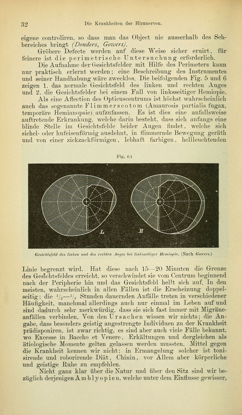 eigene controliren, so dass man das Object nie ausserhalb des Seh- bereiclies bringt (Donders^ Gowers). Gröbere Defecte werden auf diese Weise sicber eruirt, für feinere ist die perimetrische Untersucliung erforderlich. Die Aufnahme der Gresichtsfeider mit Hilfe des Perimeters kann nur praktisch erlernt werden; eine Beschreibung des Listrumentes und seiner Handhabung wäre zwecklos. Die beifolgenden Fig. 5 und 6 zeigen 1. das normale Gesichtsfeld des linken und rechten Auges und 2. die Gesichtsfelder bei einem Fall von linksseitiger Hemiopie. Als eine Affection des Opticuscentrums ist höchst wahrscheinlich auch das sogenannte Flimmerscotom (Amaurosis partialis fugax, temporäre Hemianopsie) aufzufassen. Es ist dies eine anfallsweise auftretende Erkrankung, welche darin besteht, dass sich anfangs eine blinde Stelle im Gesichtsfelde beider Augen findet, welche sich sichel- oder hufeisenförmig ausdehnt, in flimmernde Bewegung geräth und von einer zickzackförmigen, lebhaft farbigen, hellleuchtenden Fiff. 6.3 Gesichtsfeld des linken und des rechten Auyes bei linlsseitiger Hemiopie. (Nach Goirers.) Linie begrenzt wird. Hat diese nach 15—20 Minuten die Grenze des Gesichtsfeldes erreicht, so verschwindet sie vom Centrum beginnend nach der Peripherie hin und das Gesichtsfeld hellt sich auf. In den meisten, wahrscheinlich in allen Fällen ist die Erscheinung doppel- seitig ; die ^/s—^,'4 Stunden dauernden Anfälle treten in verschiedener Häufigkeit, manchmal allerdings auch nur einmal im Leben auf und sind dadurch sehr merkwürdig, dass sie sich fast immer mit Migräne- anfällen verbinden. Von den Ursachen wissen wir nichts; die An- gabe, dass besonders geistig angestrengte Lidividuen zu der Krankheit prädisponiren, ist zwar richtig, es sind aber auch viele Fälle bekannt, wo Excesse in Baccho et Venere. Erkältungen und dergleichen als ätiologische Momente gelten gelassen werden mussten. Mittel gegen die Krankheit kennen wir nicht; in Ermangelung solcher ist toni- sirende und roborirende Diät, Chinin. vor Allem aber körperliche und geistige Kühe zu empfehlen. Nicht ganz klar über die Xatur und über den Sitz sind wir be- züglich derjenigen Amblyopien, welche unter dem Einflüsse gewisser,