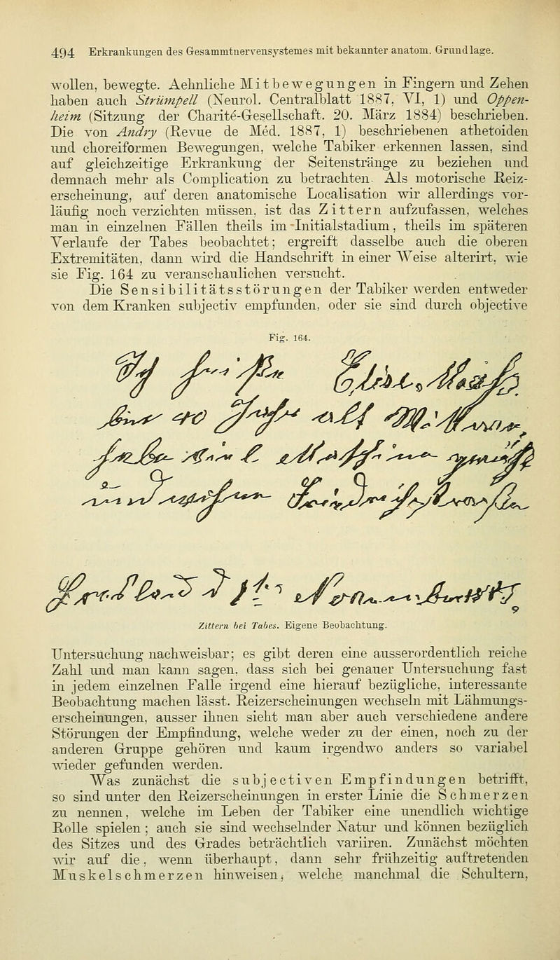 wollen, bewegte. Aehnliclie Mitbewegungen in Fingern und Zelien haben aucb Strümpell (Xeurol. Centralblatt 1887, VI, 1) und Oppeti- heim (Sitzung der Charite-Gresellscliaft. 20. März 1884) beschrieben. Die von Andry (Revue de Med. 1887, 1) beschriebenen athetoiden und choreiformen Bewegungen, welche Tabiker erkennen lassen, sind auf gleichzeitige Erkrankung der Seitenstränge zu beziehen und demnach mehr als Complication zu betrachten. Als motorische Keiz- erscheinung, auf deren anatomische Localisation wir allerdings vor- läufig noch verzichten müssen, ist das Zittern aufzufassen, welches man in einzelnen Fällen theils im -Initialstadium, theils im späteren Verlaufe der Tabes beobachtet; ergreift dasselbe auch die oberen Extremitäten, dann wird die Handschrift in einer AVeise alterirt, wie sie Fig. 164 zu veranschaulichen versucht. Die Sensibilitätsstörungen der Tabiker werden entweder von dem Kranken subjectiv empfanden, oder sie sind durch objective Fig. 164. Zittern hei Tabes. Eigene Beobachtung. Untersuchung nachweisbar; es gibt deren eine ausserordentlich reiche Zahl und man kann sagen, dass sich bei genauer Untersuchung fast in jedem einzelnen Falle irgend eine hierauf bezügliche, interessante Beobachtung machen lässt. Reizerscheinuugen wechseln mit Lähmungs- erscheinungen, ausser ihnen sieht man aber auch verschiedene andere Störungen der Empfindung, welche weder zu der einen, noch zu der anderen Gruppe gehören und kaum irgendwo anders so variabel wieder gefunden werden. Was zunächst die subjectiven Empfindungen betrifPt, so sind unter den Reizerscheinmigen in erster Linie die Schmerzen zu nennen, welche im Leben der Tabiker eine unendlich wichtige Rolle spielen; auch sie sind wechselnder Xatur und kömien bezüglich des Sitzes und des Grades beträchtlich variiren. Zunächst möchten wir auf die, wenn überhaupt, dann sehr frühzeitig auftretenden Muskels chmerzen hinweisen * welche manchmal die Schultern,