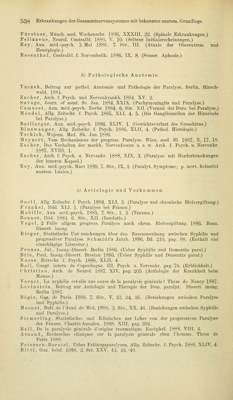 Fürstner, ]\Iüncli. med. Wocliensckr. 1836, XXXIII, 22. (Spinale Erkrankungen.) Pelizaeus, Xeurol. Centralbl. ISS'i, V, 10. (Seltene Initialerscheinungen.) Ray, Ann. med.-psyck. 3-Mai 1886, 7. Ser., III. (Ataxie der Oberextrem, und Hemiplegie.) Roseuthal, Centralbl. f. Xerrenlieilk. 1886, IX, 8- (Sensor. Aphasie.) h) Patkologiscbe Anatomie. Tuczek, Beitrag zur patkol. Anatomie und Pathologie der Paralyse. Berlin, Hirsch- wald, 1881. Zacher, Arch. f. Psych, und Xervenkrankh. 1884, XY. 2. Sa vage, Journ. of ment. Sc. Jan. 1884, XXIX, (Pacliymeningits und Paralyse.) Camus et, Ann. med.-psych. Xovbr. 1884, 6. Ser. XII. (Yeränd. der Dura bei Paralyse.) Mendel, AUg. Zeitschr. f. Psych. 1885, XLI, 4, 5. (Die Ganglienzellen der Hirnrinde bei Paralyse.) Baillarger, Ann. med.-psych. 1886, XLIV, 1. (Gewichtsverlust des Grosshirns.) Binswanger, AUg. Zeitschr. f. Psych. 1886, XLII, 4. (Pathol. Histologie.) Tschish, Wojenn. Med. Sh. Jan. It86. Meynert, Yom Mechanismus der progress. Paralyse. Wien. med. Bl. 1887, X, 17, 18- Zacher, Das Yerhalten der markh. Xervenfasern u. s. w. Arch. f. Psvch. u, Xervenkr. 1837, XYIII, 1. Zacher, Arch. f. Psj'ch. u. Nervenkr. 1888, XIX, 3. (Paralj^se mit Herderkrankungen der inneren Kapsel.) Eey, Ann. med.-psych. Mars 1839, 7. Ser., IX, 2. (Paralyt. Symptome; p. niort. keinerlei anatom. Läsion.) c) Aetiologie und Yorkommen. Snell, AUg. Zeitschr. f. Psych. 1884, XLI, 3. (Paralyse und chronische Bleivergiftung.) Pränkel, Ibid. XLI, 1. (Paralyse bei Frauen.) Mabille, Ann. med.-psych. 1885, 7. Ser., I, 3. (Trauma.) Bonnet, Ibid. 1884, 6. Ser., XIL (Insolatio.) Yogel, 2 Fälle allgem. progress. Paralyse nach chron. Bleivergiftung. 1886. Bonn. Dissert. inaug. E i e g e r, Statistische Unt -rsuchungen über den Zusammenhang zwischen Syphilis und progressiver Paralyse. Schmidt's Jabrb. 1886, Bd. 210, pag. 88. (Enthält viel einschlägige Literatur.) Preuss, JuL, Inaug.-Dissert. Berlin 1886. (lieber Syphilis und Dementia paral.) Brie, Paul, Inaug.-Dissert. Breslau 1886. (Ueber Syp)hilis imd Dementia paral.) Nasse, Zeitschr.^f. Psych. 1886, XLH, 4. Ball, Congr. intern, de Copenhague. III. Psych, u. Xervenkr. pag. 76. (Erblichkeit.) Christian, Arch. de Xeurol. 1887, XIY, pag. 205. (Aetiologie der Krankheit beim Manne.) Yernet, La syphilis est-elle une cause de la paralysie generale? These de Nancy 1887- Levinstein, Beitrag zur Aetioloaie und Therapie der Dem. paralyt. Dissert. inaug. Berlin 1887. Eegis, Gaz. de Paris. 1888, 7. Ser., Y, 23, 24, 26- (Beziehungen zwischen Paralyse und Syphilis.) Mesnet, Bull, de l'Acad. de Med. 1888, 3. Ser., XX, 46. (Beziehungen zwischen Syphilis und Paralyse.) Siemerling, Statistisches und Klinisches zur Lehre von der progre.5siven Paralyse der Frauen. Charite-Annalen. 1888, XIII, pag. 392. Ball, De la parah^sie generale d'origine traumatique. Encephal. 1883, YIII, 4. Arnaud, Eecherches clinic[ues sur la paralysie generale chez Thomme. These de Paris 1S88. Petersen-Borstel, Ueber Feldzugsparalvseu. Alls:. Zeitschr. f. Psvch. 1888. XLIY. 4. Eitti, Gaz. hebd. 1888, 2. Ser. XXY, 43, 45,'49.^