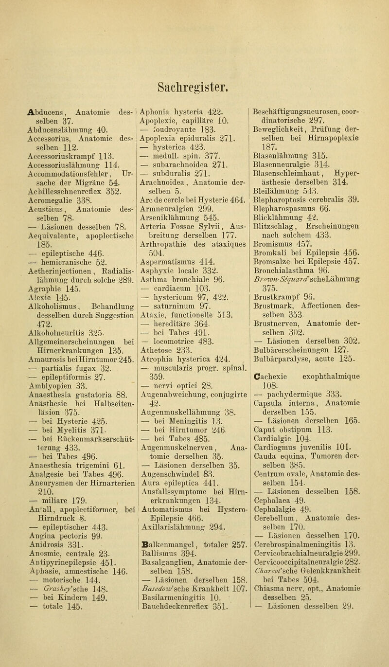 Sachregister. Abdiicens, Anatomie des- selben 37. Abducenslähmung 40. Accessorius, Anatomie des- j selben 112. Accessoriuskrampf 113. Accessoriuslähmung 114. Accommodatiousfeliler, Ur- sacbe der Migräne 54. Acbillessehnenreflex 352. Acromegalie 338. Acusticus, Anatomie des- selben 78- — Läsionen desselben 78. Aequivalente, apoplectisclie 185. — epileptische 446. — hemicraniscbe 52. Aetberiujectionen , Radialis- lähmung durch solche 289. Agraphie 145. Alexie 145. Alkoholismus, Behandlung desselben durch Suggestion 472. Alkoholneuritis 325- Allgemeinerscheinungen bei Himerkrankungen 135. Amaurosis bei Hirntumor 245. — partialis fugax 32. — epileptiformis 27. Amblyopien 33. Anaesthesia gustatoria 88. Anästhesie bei Halbseiten- läsion 375. — bei Hysterie 425. — bei Myelitis 371- — bei Rückenmarkserschüt- lerung 433. — bei Tabes 496. Anaesthesia trigemini 61. Analgesie bei Tabes 496. Aneurysmen der Hirnarterien 210. — miliare 179. An'all, apoplectiformer, bei Hirndruck 8. — epileptischer 443. Angina pectoris 99- Anidrosis 331. Anosmie, centrale 23- Antipyrinepilepsie 451. Aphasie, amnestische 146. — motorische 144. — Gras/iey'sehe 148. — bei Kindern 149. — totale 145. Aphonia hysteria 422. Apoplexie, capilläre 10. — i'oudroyante 183. Apoplexia epiduralis 271. — hysterica 423. — meduU. spin. 377. — subarachnoidea 271. — subduralis 271. Arachnoidea, Anatomie der- selben 5. Are de cercle bei Hystei'ie 464. Armneuralgien 299. Arseniklähmung 545. Arteria Possae Sylvii, Aus- breitung derselben 177. Arthropathie des ataxiques 504. Aspermatismus 414. Asphyxie locale 332. Asthma bronchiale 96. — cardiacum 103. — hystericum 97, 422. — saturninum 97. Ataxie, functionelle 513. — hereditäre 364- — bei Tabes 491. — locomotrice 483. Athetose 233. Atrophia hysterica 424. — muscularis progr. spinal. 359. — nervi optici 28. Augenabweichung, conjugirte 42. Augenmuskellähmung 38. — bei Meningitis 13. — bei Hirntumor 246- — bei Tabes 485. Augenmuskelnerven, Ana- tomie derselben 35- — Läsionen derselben 35. Augen Schwindel 83. Aura epileptica 441. Ausfallssj^mptome bei Hirn- erkrankungen 134. Automatismus bei Hystero- Epilepsie 466. Axillarislähmung 294. Balkenmangel, totaler 257- Ballismus 394. Basalganglien, Anatomie der- selben 158. — Läsionen derselben 158. ßaseato-w^ sehe Krankheit 107. Basilarmeningitis 10. Bauchdeckenreflex 351. Beschäftigungsneurosen, coor- dinatorische 297. Beweglichkeit, Prüfung der- selben bei Hirnapoplexie 187. Blasenlähmung 315. Blasenneuralgie 314. Blasenschleimhaut, Hyper- ästhesie derselben 314. Bleilähmung 543- Blepharoptosis cerebralis 39. Blepharospasmus 66. Blicklähmung 42. Blitzschlag, Erscheinungen nach solchem 433. Bromismus 457. Bromkali bei Epilepsie 456. Bromsalze bei Epilepsie 457. Bronchialasthma 96. ßr-mvn-Sequard'scheJj'ähmuag 375. Brustkrampf 96. Brustmark, Affectionen des- selben 353 Brustnerven, Anatomie der- selben 302. — Läsionen derselben 302. Bulbärerscheinungen 127. Bulbärparal^'se, acute 125. Cachexie exophthalmique J08. — pachydermique 333. Capsula interna, Anatomie derselben 155. — Läsionen dei'selben 165. Caput obstipum 113. Cardialgie 104. Cardiogmus juvenilis 101. Cauda equina, Tumoren der- selben 385. Centrum ovale, Anatomie des- selben 154. — Läsionen desselben 158. Cephalaea 49. Cephalalgie 49. Cerebellum, Anatomie des- selben 170. — Läsionen desselben 170. Cerebrospinalmeningitis 13. Cervicobrachialneuralgie 299. Cervicooccipitalneuralgie 282. C/iarcof sehe Gelenkkrankheit bei Tabes 504. Chiasma nerv, opt., Anatomie desselben 25. — Läsionen desselben 29.