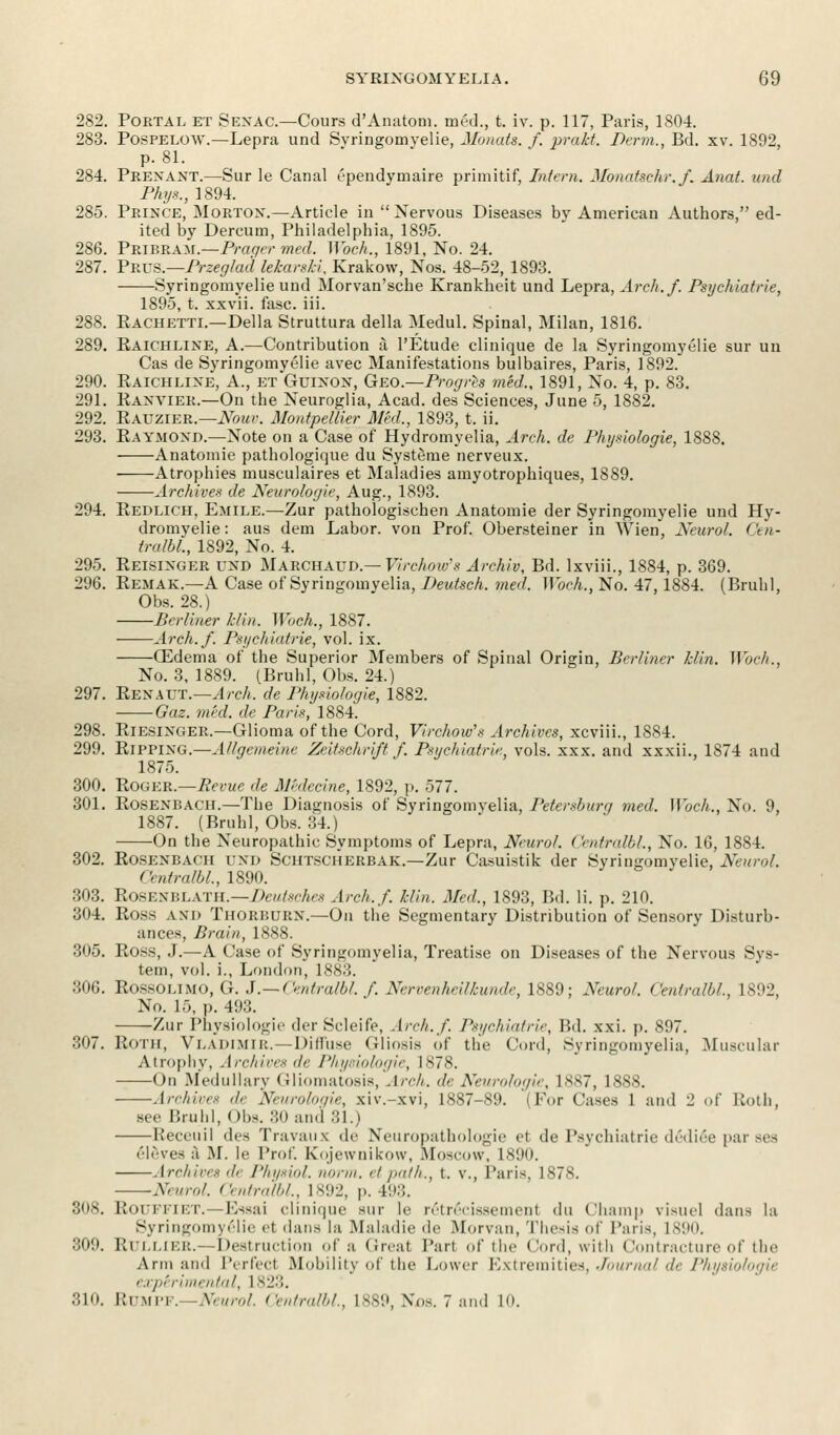 282. Portal et Senac.—Cours d'Anatom. med., t. iv. p. 117, Paris, 1804. 283. Pospelow.—Lepra und Syringomyelic, Monats. f. prakt. Derm., Bd. xv. 1892, p. 81. 284. Prexant.—Sur le Canal ependymaire primitif, Intern. Monatschr.f. Anat. und Phys., 1894. 285. Prince, Morton*.—Article in  Nervous Diseases by American Authors, ed- ited by Dercum, Philadelphia, 1895. 286. Pkibram— Praqer med. Woch., 1891, No. 24. 287. Prus.—Przeglad lekarski. Krakow, Nos. 48-52, 1893. Syringomyelic und Morvan'sche Krankheit und Lepra, Areh.f. Psychiatrie, 1895, t. xxvii. fasc. iii. 288. Eachetti.—Delia Struttura della Aledul. Spinal, Milan, 1816. 289. Eaichlixe, A.—Contribution a l'Etude clinique de la Syringomyelic sur un Cas de Syringomyelic avec Manifestations bulbaires, Paris, 1892. 290. Eaichlixe, A., et Gulnost, Geo.—Progris med., 1891, No. 4, p. 83. 291. Eaxvier.—On the Neuroglia, Acad, des Sciences, June 5, 1882. 292. Eauzier.—-Now. Montpellier Med., 1893, t. ii. 293. Eaymoxd.—Note on a Case of Hydromyelia, Arch, de Physiologie, 1888. Anatomie pathologique du Systeme nerveux. Atrophies musculaires et Maladies amyotrophiques, 1889. Archives de Neurologie, Aug., 1893. 294. Eedlich, Emile.—Zur pathologischen Anatomie der Syringomyelie und Hy- dromyelie: aus dem Labor, von Prof. Obersteiner in Wien, Neurol. Gen- tralbl., 1892, No. 4. 295. Eeisixger und Marchaud.— Virchow's Archiv, Bd. lxviii., 1884, p. 369. 296. Eemak.—A Case of Syringomyelia, Deutsch. med. Woch., No. 47,1884. (Bruhl, Obs. 28.) Berliner J:lin. Woch., 1887. Areh.f. Psychiatrie, vol. ix. Oedema of the Superior Members of Spinal Origin, Berliner klin. Woch.. No. 3, 1889. (Bruhl, Obs. 24.) 297. Eexaut.—Arch, de Physiologie, 1882. Gaz. mhl. de Paris, 1884. 298. Eiesinger.—Glioma of the Cord, Virchow's Archives, xcviii., 1884. 299. Ripping.—Allgemeine Zeitschrift f. Psychiatrie, vols. xxx. and xxxii., 1874 and 1875. 300. Eoger.—Revue de Medecine, 1892, p. 577. 301. Eosenbach.—The Diagnosis of Syringomyelia, Petersburc/ med. Woch., No. 9, 1887. (Bruhl, Obs. 34.) On the Neuropathic Symptoms of Lepra, Neurol. < 'entralbl., No. 16, 1884. 302. Eosenbach und Schtscherbak.—Zur Casuistik der Syringomyelie, Neurol. Gentralbl, 1890. 303. Rosenblath.—Deutsche* Areh.f. klin. Med., 1893, Bd. Ii. p. 210. 304. Eoss and Thorburn.—On the Segmentary Distribution of Sensory Disturb- ances, Brain, 1NXS. 305. Eoss, J.—A Case of Syringomyelia, Treatise on Diseases of the Nervous Sys- tem, vol. i., London, 1883. 306. ROSSOLIMO, G. J.— Gentralbl. f. Nerrenheilkunde, 1889; Neurol. Gentralbl. 1892. No. 15, p. 493. Zur Physiologie der Scleife, Areh.f. Psychiatrie, Bd. xxi. p. 897. 307. Roth, Vladimir.—Diffuse (Miosis of the Cord, Syringomyelia, Muscular Atrophy, Archives </>■ Physiologie, 1878. On Medullary Gliomatosis, .ir<-/i. de Neurologic, lsxy, l.xss. Archives <!<■ Neurologie, xiv.-xvi, 1887-89. (For Cases 1 and 2 of Roth, see Bruhl, Obs. 30 and 31.) Beceuil des Travaus de Neuropathologie et de Psychiatrie decliee par ses eleves a M. le Prof. Kojewnikow, Moscow, 1890. ——Archives de Physiol, norm, etpath., t. v., Paris, 1S78. Neurol. Centralbl., 1892, p. ■!!>:;. us. Rouffiet.—Essai clinique sur le r&recissemenl du Champ visuel dans la Syringomyelie el dana la Maladie de Morvan, Thesis of Paris, L890. 309. Rtjllieb.—Destruction of a Greal Pari of the Cord, with Contracture of the Arm and Perfed Mobility of the Lower Extremities, Journal de Physiologie experimental, L823. 810. Rumpf. -Neurol. Centralbl., L889, Nas. 7 and 1<».