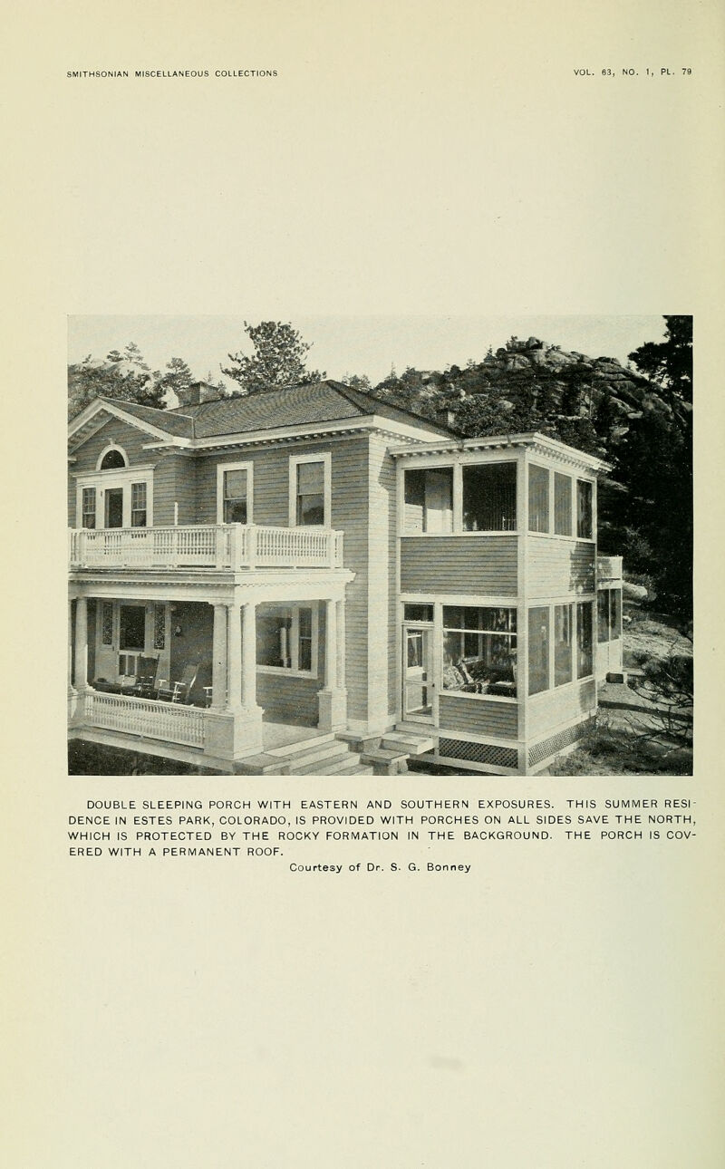 DOUBLE SLEEPING PORCH WITH EASTERN AND SOUTHERN EXPOSURES. THIS SUMMER RESI- DENCE IN ESTES PARK, COLORADO, IS PROVIDED WITH PORCHES ON ALL SIDES SAVE THE NORTH, WHICH IS PROTECTED BY THE ROCKY FORMATION IN THE BACKGROUND. THE PORCH IS COV- ERED WITH A PERMANENT ROOF.