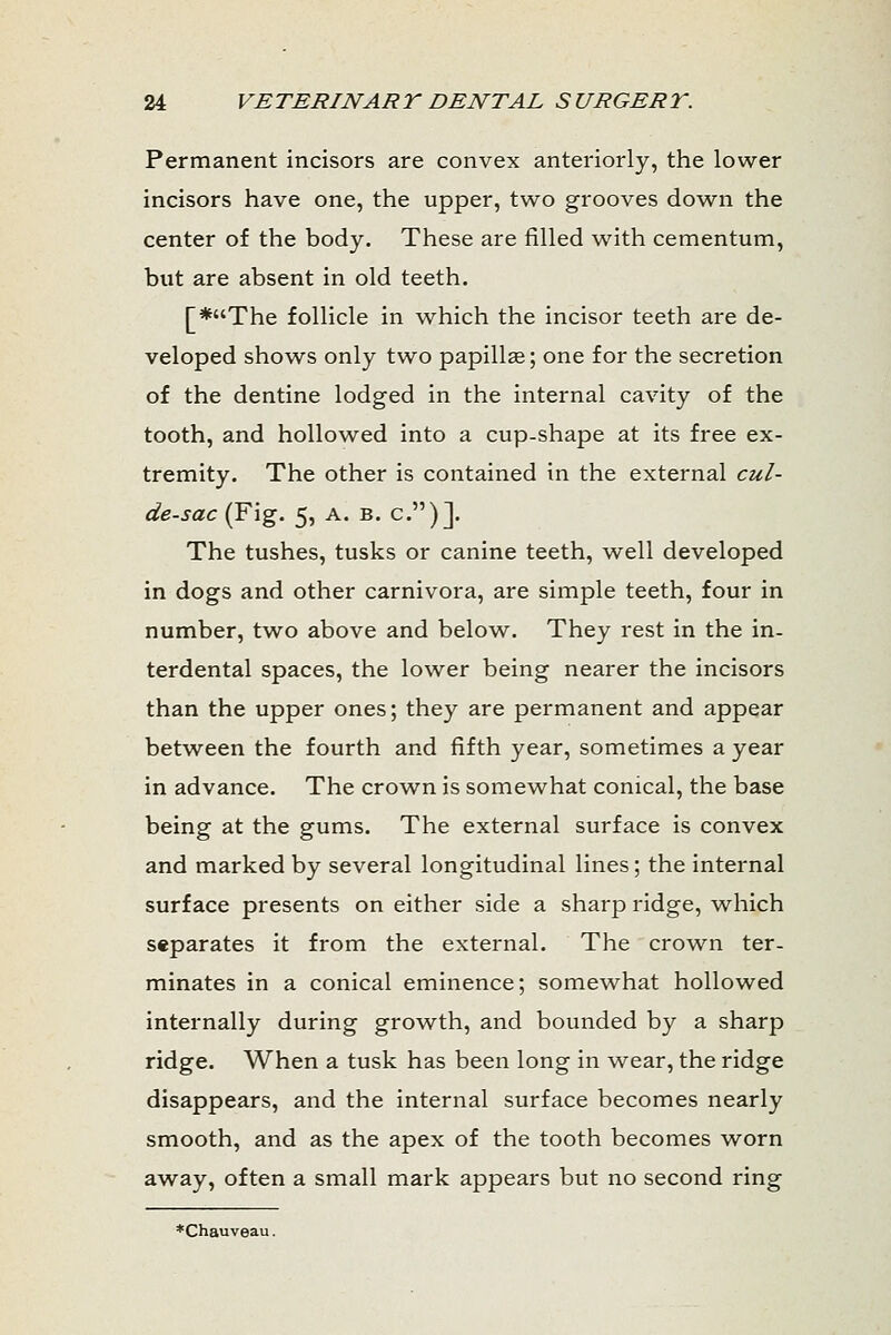 Permanent incisors are convex anteriorly, the lower incisors have one, the upper, two grooves down the center of the body. These are filled with cementum, but are absent in old teeth. [*The follicle in which the incisor teeth are de- veloped shows only two papillae; one for the secretion of the dentine lodged in the internal cavity of the tooth, and hollowed into a cup-shape at its free ex- tremity. The other is contained in the external cul- de-sac (Fig. 5, a. b. c.)]. The tushes, tusks or canine teeth, well developed in dogs and other carnivora, are simple teeth, four in number, two above and below. They rest in the in- terdental spaces, the lower being nearer the incisors than the upper ones; they are permanent and appear between the fourth and fifth year, sometimes a year in advance. The crown is somewhat conical, the base being at the gums. The external surface is convex and marked by several longitudinal lines; the internal surface presents on either side a sharp ridge, which separates it from the external. The crown ter- minates in a conical eminence; somewhat hollowed internally during growth, and bounded by a sharp ridge. When a tusk has been long in wear, the ridge disappears, and the internal surface becomes nearly smooth, and as the apex of the tooth becomes worn away, often a small mark appears but no second ring *Chauveau.