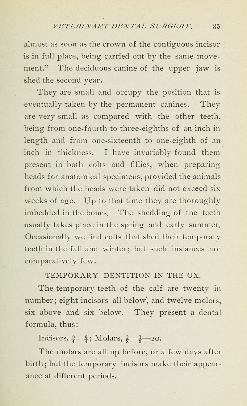 almost as soon as the crown of the contiguous incisor is in full place, being carried out by the same move- ment. The deciduous canine of the upper jaw is shed the second year. They are small and occupy the position that is eventually taken by the permanent canines. They are very small as compared with the other teeth, being from one-fourth to three-eighths of an inch in length and from one-sixteenth to one-eighth of an inch in thickness. I have invariably found them present in both colts and fillies, when preparing heads for anatomical specimens, provided the animals from which the heads were taken did not exceed six weeks of age. Up to that time they are thoroughly imbedded in the bones. The shedding of the teeth usually takes place in the spring and early summer. Occasionally we find colts that shed their temporary teeth in the fall and winter; but such instances are comparatively few. TEMPORARY DENTITION IN THE OX. The temporary teeth of the calf are twenty in number; eight incisors all below, and twelve molars, six above and six below. They present a dental formula, thus: Incisors, £—|-; Molars, |—1=20. The molars are all up before, or a few days after birth; but the temporary incisors make their appear- ance at different periods.
