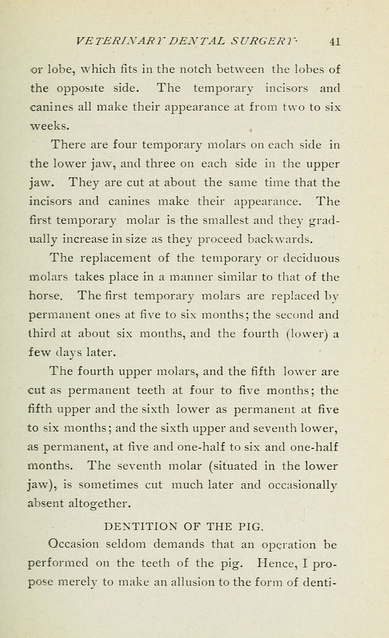 or lobe, which fits in the notch between the lobes of the opposite side. The temporary incisors and canines all make their appearance at from two to six weeks. There are four temporary molars on each side in the lower jaw, and three on each side in the upper jaw. They are cut at about the same time that the incisors and canines make their appearance. The first temporary molar is the smallest and they grad- ually increase in size as they proceed backwards. The replacement of the temporary or deciduous molars takes place in a manner similar to that of the horse. The first temporary molars are replaced by permanent ones at five to six months; the second and third at about six months, and the fourth (lower) a few days later. The fourth upper molars, and the fifth lower are cut as permanent teeth at four to five months; the fifth upper and the sixth lower as permanent at five to six months; and the sixth upper and seventh lower, as permanent, at five and one-half to six and one-half months. The seventh molar (situated in the lower jaw), is sometimes cut much later and occasionallv absent altogether. DENTITION OF THE PIG. Occasion seldom demands that an operation be performed on the teeth of the pig. Hence, I pro- pose merely to make an allusion to the form of denti-