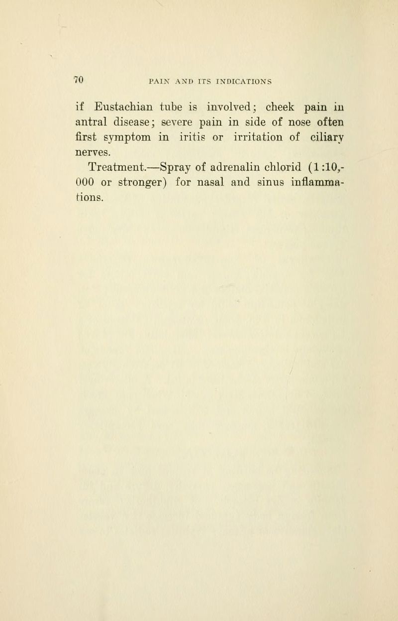 if Eustachian tube is involved; cheek pain in antral disease; severe pain in side of nose often first symptom in iritis or irritation of ciliary nerves. Treatment.—Spray of adrenalin chlorid (1:10,- 000 or stronger) for nasal and sinus inflamma- tions.
