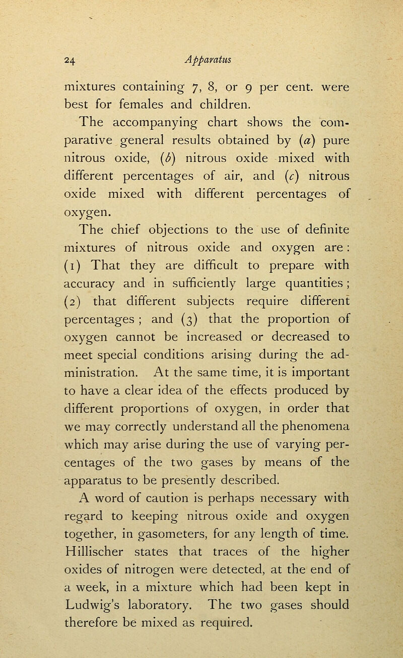 mixtures containing 7, 8, or 9 per cent, were best for females and children. The accompanying chart shows the com- parative general results obtained by {a) pure nitrous oxide, [b) nitrous oxide mixed with different percentages of air, and [c] nitrous oxide mixed with different percentages of oxygen. The chief objections to the use of definite mixtures of nitrous oxide and oxygen are: (i) That they are difficult to prepare with accuracy and in sufficiently large quantities; {2) that different subjects require different percentages ; and (3) that the proportion of oxygen cannot be increased or decreased to meet special conditions arising during the ad- ministration. At the same time, it is important to have a clear idea of the effects produced by different proportions of oxygen, in order that we may correctly understand all the phenomena which may arise during the use of varying per- centages of the two gases by means of the apparatus to be presently described. A word of caution is perhaps necessary with regard to keeping nitrous oxide and oxygen together, in gasometers, for any length of time. Hillischer states that traces of the higher oxides of nitrogen were detected, at the end of a week, in a mixture which had been kept in Ludwig's laboratory. The two gases should therefore be mixed as required.