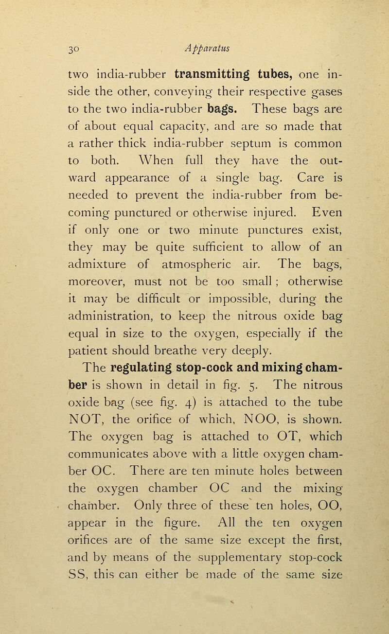 two india-rubber transmitting tubes, one in- side the other, conveying their respective gases to the two india-rubber bags. These bags are of about equal capacity, and are so made that a rather thick india-rubber septum is common to both. When full they have the out- ward appearance of a single bag. Care is needed to prevent the india-rubber from be- coming punctured or otherwise injured. Even if only one or two minute punctures exist, they may be quite sufficient to allow of an admixture of atmospheric air. The bags, moreover, must not be too small; otherwise it may be difficult or impossible, during the administration, to keep the nitrous oxide bag equal in size to the oxygen, especially if the patient should breathe very deeply. The regulating stop-cock and mixing cham- ber is shown in detail in fig. 5. The nitrous oxide bag (see fig. 4) is attached to the tube NOT, the orifice of which, NOO, is shown. The oxygen bag is attached to OT, which communicates above with a little oxygen cham- ber OC. There are ten minute holes between the oxygen chamber OC and the mixing chamber. Only three of these ten holes, OO, appear in the figure. All the ten oxygen orifices are of the same size except the first, and by means of the supplementary stop-cock SS, this can either be made of the same size