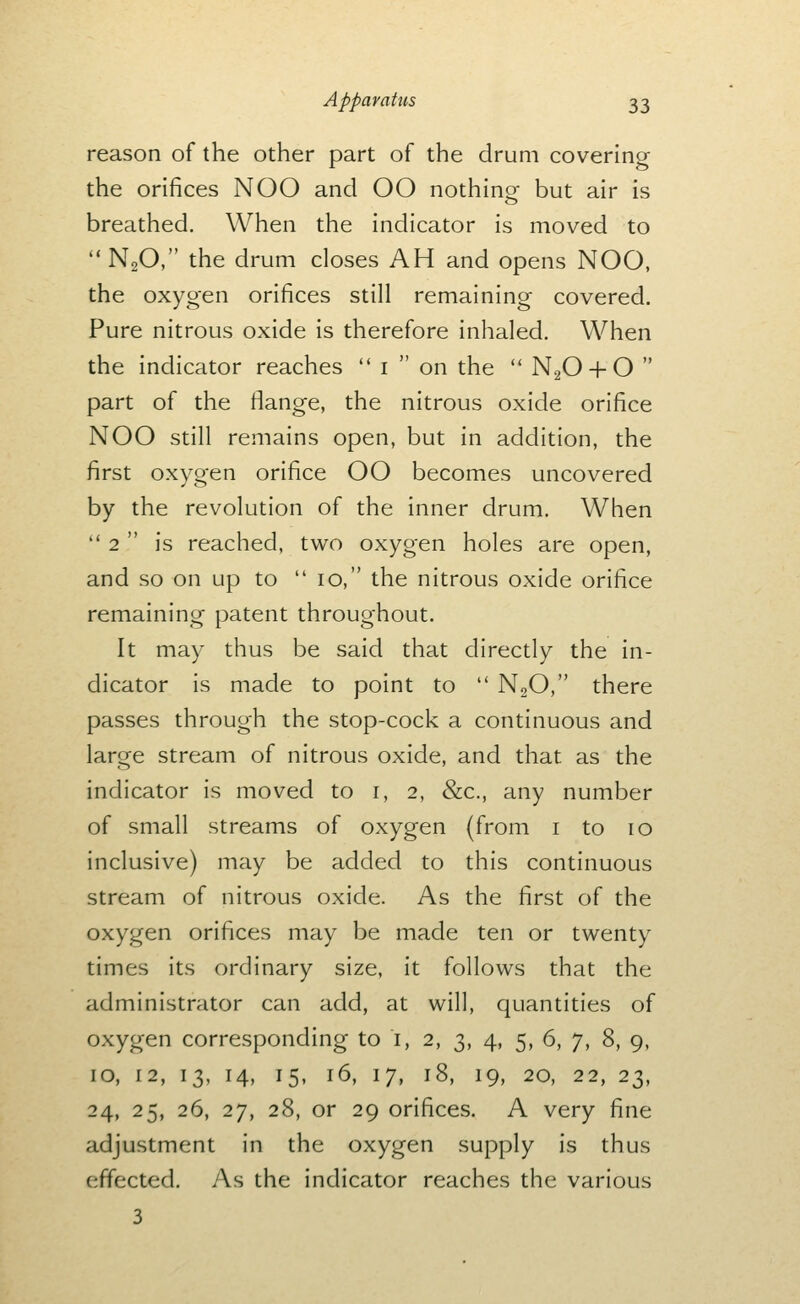 reason of the other part of the drum covering the orifices NOO and OO nothing' but air is breathed. When the indicator is moved to '• N2O, the drum closes AH and opens NOO, the oxygen orifices still remaining covered. Pure nitrous oxide is therefore inhaled. When the indicator reaches  i  on the  N2O + O  part of the flange, the nitrous oxide orifice NOO still remains open, but in addition, the first oxygen orifice OO becomes uncovered by the revolution of the inner drum. When  2  is reached, two oxygen holes are open, and so on up to  10, the nitrous oxide orifice remaining patent throughout. It may thus be said that directly the in- dicator is made to point to  NgO, there passes through the stop-cock a continuous and large stream of nitrous oxide, and that as the indicator is moved to i, 2, &c., any number of small streams of oxygen (from i to 10 inclusive) may be added to this continuous stream of nitrous oxide. As the first of the oxygen orifices may be made ten or twenty times its ordinary size, it follows that the administrator can add, at will, quantities of oxygen corresponding to i, 2, 3, 4, 5, 6, 7, 8, 9, 10, 12, 13, 14, 15, 16, 17, 18, 19, 20, 22, 23, 24, 25, 26, 27, 28, or 29 orifices. A very fine adjustment in the oxygen supply is thus effected. As the indicator reaches the various 3