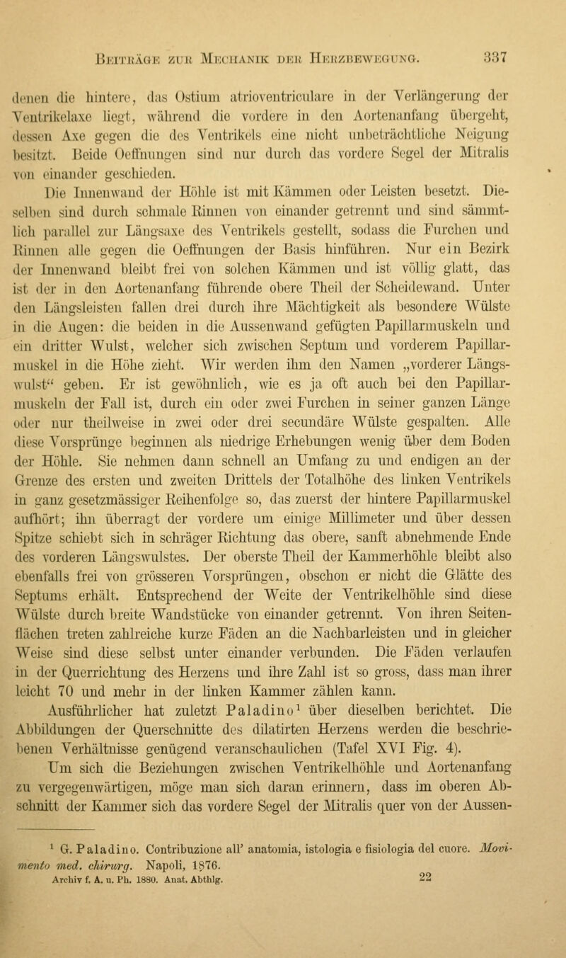 denen die hintere, das Ostram atrioventriculare in der Verlängerung der Ventrikelaxe liegt, während die vordere in den Aortenanfang abergeht, dessen Axe gegen die des Ventrikels eine nicht anbeträchtliche Neigung besitzt. Beide Oeffhungen sind nur durch das vordere Segel der Mitralis \dii einander geschieden. Die Innenwand der Höhle ist mit Kämmen oder Leisten besetzt. Die- selben sind durch schmale Hinnen von einander getrennt and sind sämmt- lich parallel zur Längsaxe des Ventrikels gestellt, sodass die Furchen und Binnen alle gegen die Oeffhungen der Basis hinführen. Nur ein Bezirk der Innenwand bleibt frei von solchen Kämmen und ist völlig glatt, das ist Aw in den Aortenanfang führende obere Theil der Scheidewand. Unter den Längsleisten fallen drei durch ihre Mächtigkeit als besondere Wülste in die Augen: die beiden in die Aussenwand gefügten Papillarnmskeln und ein dritter Wulst, welcher sich zwischen Septum und vorderem Papillar- mnskel in die Höhe zieht. Wir werden ihm den Namen „vorderer Längs- wulst'' geben. Er ist gewöhnlich, wie es ja oft auch bei den Papillar- ninskeln der Fall ist, durch ein oder zwei Furchen in seiner ganzen Länge oder nur theilweise in zwei oder drei secundäre Wülste gespalten. Alle diese Yursprünge beginnen als niedrige Erhebungen wenig über dem Boden der Höhle. Sie nehmen dann schnell an Umfang zu und endigen an der Grenze des ersten und zweiten Drittels der Totalhöhe des linken Ventrikels in ganz gesetzmässiger Reihenfolge so, das zuerst der hintere Papillarmuskel aufhört; ihn überragt der vordere um einige Millimeter und über dessen Spitze schiebt sich in schräger Richtung das obere, sanft abnehmende Ende des vorderen Längswulstes. Der oberste Theil der Kammerhöhle bleibt also ebenfalls frei von grösseren Vorsprüngen, obschon er nicht die Glätte des Septums erhält. Entsprechend der Weite der Ventrikelhöhle sind diese AVi'üste durch breite Wandstücke von einander getrennt. Von ihren Seiten- flächen treten zahlreiche kurze Fäden an die Nachbarleisten und in gleicher Weise sind diese selbst unter einander verbunden. Die Fäden verlaufen in der Querrichtimg des Herzens und ihre Zahl ist so gross, dass man ihrer leicht 70 und mehr in der Unken Kammer zählen kann. Ausführlicher hat zuletzt Paladino1 über dieselben berichtet. Die Abbildungen der Querschnitte des dilatirten Herzens werden die beschrie- benen Verhältnisse genügend veranschaulichen (Tafel XVI Fig. 4). Um sich die Beziehungen zwischen Ventrikelhöhle und Aortenanfang zu vergegenwärtigen, möge man sich daran erinnern, dass im oberen Ab- schnitt der Kammer sich das vordere Segel der Mitralis quer von der Aussen- 1 G. Paladino. Contribuzioue all' anatomia, istologia e fisiologia fiel cuore. Movi- mento med. chirurg. Napoli, 1876. Archiv f. A. u. Ph. 1880. Anat. Abthlg. 22