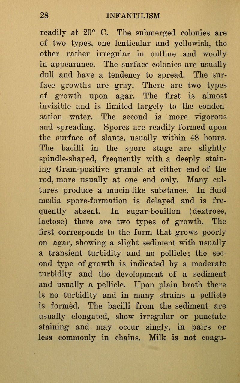 readily at 20° C. The submerged colonies are of two types, one lenticular and yellowish, the other rather irregular in outline and woolly in appearance. The surface colonies are usually dull and have a tendency to spread. The sur- face growths are gray. There are two types of growth upon agar. The first is almost invisible and is limited largely to the conden- sation water. The second is more vigorous and spreading. Spores are readily formed upon the surface of slants, usually within 48 hours. The bacilli in the spore stage are slightly spindle-shaped, frequently with a deeply stain- ing Gram-positive granule at either end of the rod, more usually at one end only. Many cul- tures produce a mucin-like substance. In fluid media spore-formation is delayed and is fre- quently absent. In sugar-bouillon (dextrose, lactose) there are two types of growth. The first corresponds to the form that grows poorly on agar, showing a slight sediment with usually a transient turbidity and no pellicle; the sec- ond type of growth is indicated by a moderate turbidity and the development of a sediment and usually a pellicle. Upon plain broth there is no turbidity and in many strains a pellicle is formed. The bacilli from the sediment are usually elongated, show irregular or punctate staining and may occur singly, in pairs or less commonly in chains. Milk is not coagu-