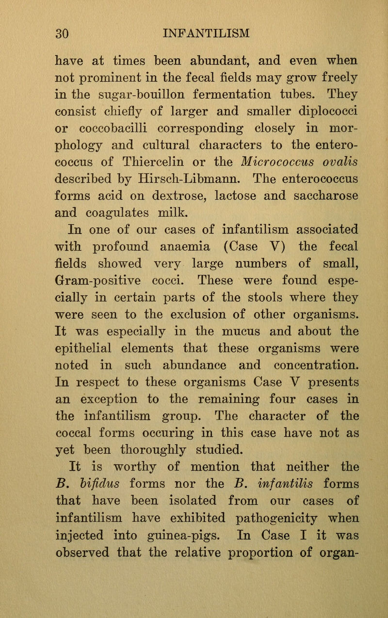 have at times been abundant, and even when not prominent in the fecal fields may grow freely in the sngar-bonillon fermentation tubes. They consist chiefly of larger and smaller diplococci or coccobacilli corresponding closely in mor- phology and cultural characters to the entero- coccus of Thiercelin or the Micrococcus ovalis described by Hirsch-Libmann. The enterococcus forms acid on dextrose, lactose and saccharose and coagulates milk. In one of our cases of infantilism associated with profound anaemia (Case V) the fecal fields showed very large numbers of small. Gram-positive cocci. These were found espe- cially in certain parts of the stools where they were seen to the exclusion of other organisms. It was especially in the mucus and about the epithelial elements that these organisms were noted in such abundance and concentration. In respect to these organisms Case V presents an exception to the remaining four cases in the infantilism group. The character of the coccal forms occuring in this case have not as yet been thoroughly studied. It is worthy of mention that neither the B. hifidus forms nor the B. infantilis forms that have been isolated from our cases of infantilism have exhibited pathogenicity when injected into guinea-pigs. In Case I it was observed that the relative proportion of organ-