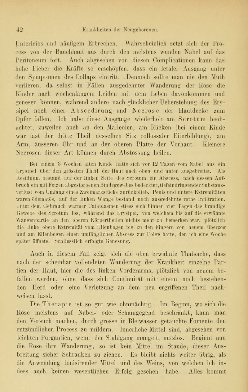 IJnterleih.s und häufigem Erbrorhcn. Walirsclieinlicli setzt sicli der Pro- cess von der Bauchhaut aus durch den meistens wunden Nabel auf das Peritoneum fort. Auch abgesehen von diesen Complicationen kann das hohe Fieber die Kräfte so erschöpfen, dass ein letaler Ausgang unter den Symptomen des Collaps eintritt. -Dennoch sollte man nie den Muth verlieren, da selbst in Fällen ausgedehnter Wanderung der Rose die Kinder nach wochenlangeni Leiden mit dem Leben davonkommen und genesen können, während andere nach glücklicher Ueberstehung des Ery- sipel noch einer Abscedirung und Necrose der Hautdecke zum Opfer fallen. Ich habe diese Ausgänge wiederholt am Sero tum beob- achtet, zuweilen auch an den Malleolen, am Rücken (bei einem Kinde war fast der dritte Theil desselben Sitz collossaler Eiterbildung), am Arm, äusseren Ohr und an der oberen Platte der Vorliaut. Kleinere Necrosen dieser Art können durch Abstossung heilen. Bei einem 3 Wochen alten Kinde hatte sich vor 12 Tagen vom Nabel aus ein Erysipel über den grössten Theil der Haut nach oben und unten ausgebreitet. Als Residuum bestand auf der linken Seite des Scrotum ein Abscess, nach dessen Auf- bruch ein mit Fetzen abgestorbenen Bindegewebes bedeckter, tiefeindringender Substanz- verlust vom Umfang eines Zweimarkstücks zurückblieb. Penis und untere Extremitäten waren ödematös, auf der linken Wange bestand noch ausgedehnte rothe Infiltration. Unter dem Gebrauch warmer Cataplasmen stiess sich binnen vier Tagen das brandige Gewebe des Scrotum los, während das Erysipel, von welchem bis auf die erwähnte Wangenpartie an den oberen Körpertheilen nichts mehr zu bemerken war, plötzlich die linke obere Extremität vom Ellenbogen bis zu den Fingern von neuem überzog und am Ellenbogen einen umfänglichen Abscess zur Folge hatte, den ich eine Woche später öffnete. Schliesslich erfolgte Genesung. Auch in diesem Fall zeigt sich die oben erwähnte Thatsache, dass nach der scheinbar vollendeten Wanderung der Krankheit einzelne Par- tien der Haut, hier die des linken Vorderarms, plötzlich von neuem be- fallen werden, ohne dass sich Continuität mit- einem noch bestehen- den Herd oder eine Verletzung an dem neu ergriffenen Theil nach- weisen lässt. Die Therapie ist so gut wie ohnmächtig. Im Beginn, wo sich die Rose meistens auf Nabel- oder Schamgegend beschränkt, kann man den Versuch machen, durch grosse in Bleiwasser getauchte Fomente den entzündlichen Process zu mildern. Innerliche Mittel sind, abgesehen von leichten Purgantien, wenn der Stuhlgang mangelt, nutzlos. Beginnt mm die Rose ihre Wanderung, so ist kein Mittel im Stande, dieser Aus- breitung sicher Schranken zu ziehen. Es bleibt nichts weiter übrig, als die Anwendung tonisirender Mittel und des Weins, von welchen ich in- dess auch keinen wesentlichen Erfolg gesehen habe. Alles kommt