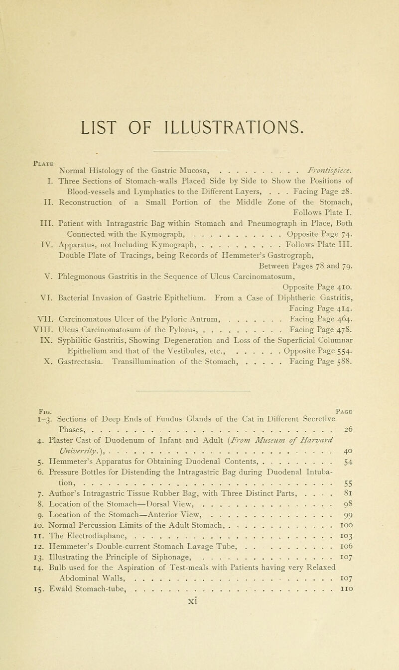 LIST OF ILLUSTRATIONS. Normal Histology of the Gastric Mucosa, Frontispiece I. Three Sections of Stomach-walls Placed Side by Side to Show the Positions of Blood-vessels and Lymphatics to the Different Layers, . . . Facing Page 28 II. Reconstruction of a Small Portion of the I^Iiddle Zone of the Stomach Follows Plate I III. Patient with Intragastric Bag within Stomach and Pneumograph in Place, Both Connected with the Kymograph, Opposite Page 74 IV. Apparatus, not Including Kymograph, Follows Plate III Double Plate of Tracings, being Records of Hemmeter's Gastrograph, Between Pages 78 and 79 V. Phlegmonous Gastritis in the Sequence of Ulcus Carcinomatosum, Opposite Page 410, VI. Bacterial Invasion of Gastric Epithelium. From a Case of Diphtheric Gastritis Facing Page 414 W\. Carcinomatous Ulcer of the Pyloric Antrum, Facing Page 464 VIII. Ulcus Carcinomatosum of the Pylorus, Facing Page 478 IX. Syphilitic Gastritis, Showing Degeneration and Loss of the Superficial Columnar Epithelium and that of the Vestibules, etc., Opposite Page 554 X. Gastrectasia. Transillumination of the Stomach, Facing Page 588 Fig. Page 1—3. Sections of Deep Ends of Fundus Glands of the Cat in Different Secretive Phases, 26 4. Plaster Cast of Duodenum of Infant and Adult (From Mtiseum of Ha7-va7-d University.'), 40 5. Hemmeter's Apparatus for Obtaining Duodenal Contents, 54 6. Pressure Bottles for Distending the Intragastric Bag during Duodenal Intuba- tion, 55 7. Author's Intragastric Tissue Rubber Bag, with Three Distinct Parts, .... 81 8. Location of the Stomach—Dorsal View, 98 9. Location of the Stomach—Anterior View, 99 10. Normal Percussion Limits of the Adult Stomach, loO 11. The Electrodiaphane, 103 12. Hemmeter's Double-current Stomach Lavage Tube, 106 13. Illustrating the Principle of Siphonage, 107 14. Bulb used for the Aspiration of Test-meals with Patients having ver}' Relaxed Abdominal Walls, 107 15. Ewald Stomach-tube, Iio