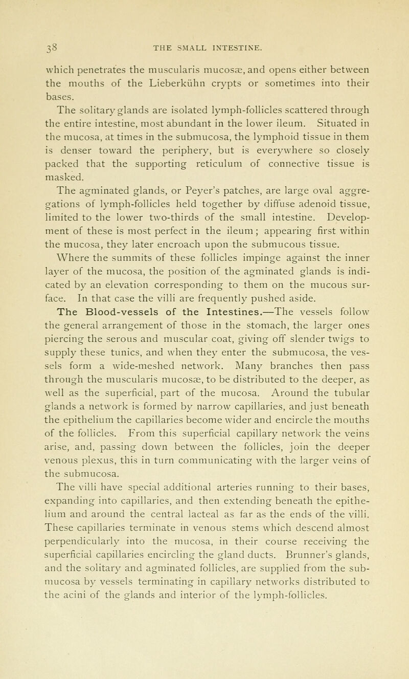 which penetrates the muscularis mucosae, and opens either between the mouths of the Lieberkijhn crypts or sometimes into their bases. The soHtary glands are isolated lymph-follicles scattered through the entire intestine, most abundant in the lower ileum. Situated in the mucosa, at times in the submucosa, the lymphoid tissue in them is denser toward the periphery, but is everywhere so closely packed that the supporting reticulum of connective tissue is masked. The agminated glands, or Peyer's patches, are large oval aggre- gations of lymph-follicles held together by diffuse adenoid tissue, limited to the lower two-thirds of the small intestine. Develop- ment of these is most perfect in the ileum; appearing first within the mucosa, they later encroach upon the submucous tissue. Where the summits of these follicles impinge against the inner layer of the mucosa, the position of the agminated glands is indi- cated by an elevation corresponding to them on the mucous sur- face. In that case the villi are frequently pushed aside. The Blood-vessels of the Intestines.—The vessels follow the general arrangement of those in the stomach, the larger ones piercing the serous and muscular coat, giving off slender twigs to supply these tunics, and when they enter the submucosa, the ves- sels form a wide-meshed network. Many branches then pass through the muscularis mucosae, to be distributed to the deeper, as well as the superficial, part of the mucosa. Around the tubular glands a network is formed by narrow capillaries, and just beneath the epithelium the capillaries become wider and encircle the mouths of the follicles. From this superficial capillary network the veins arise, and, passing down between the follicles, join the deeper venous plexus, this in turn communicating with the larger veins of the submucosa. The villi have special additional arteries running to their bases, expanding into capillaries, and then extending beneath the epithe- lium and around the central lacteal as far as the ends of the villi. These capillaries terminate in venous stems which descend almost perpendicularly into the mucosa, in their course receiving the superficial capillaries encircling the gland ducts. Brunner's glands, and the solitary and agminated follicles, are supplied from the sub- mucosa by vessels terminating in capillary networks distributed to the acini of the glands and interior of the lymph-follicles.