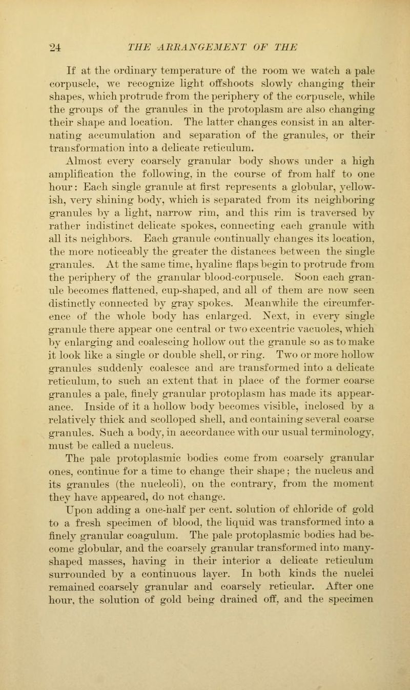 If at the ordinary temperature of the room we watch a pale corpuscle, we recognize lig^ht offshoots slowly changing their shapes, which protrude from the })eriphery of the coi'puscle, while the groups of the granules in the jjrotoplasm are also changing their shape and location. The latter changes consist in an alter- nating accumulation and separation of the granides, or their transformation into a delicate reticulum. Almost every coarsely granular body shows under a high amplification the following, in the course of from half tu one hour: Each single granule at first represents a globular, yellow- ish, very shining body, which is separated from its neighboring granules by a light, narrow rim, and this rim is traversed by rather indistinct delicate spokes, connecting each granule with all its neighbors. Each granule continually changes its location, the more noticeably the gi*eater the distances between the single granules. At the same time, hyaline flaps begin to protrude fi-om the periphery of the granular blood-corpuscle. Soon each gran- ide becomes flattened, cup-shaped, and all of them are now seen distinctly connected by gi'ay spokes. Meanwhile the circumfer- ence of the whole body has enlarged. Next, in every single granule there appear one central or two excentric vacuoles, which by enlarging and coalescing hollow out the granide so as to make it look like a single or double shell, or ring. Two or more hollow granules suddenly coalesce and are transformed into a delicate reticulum, to such an extent that in place of the former coarse granules a pale, finely gi-anular protoplasm has made its appear- ance. Inside of it a hollow body becomes visible, inclosed by a relatively thick and scolloped shell, and containing several coarse granules. Such a body, in accordance with our usual terminolog}^ must be called a nucleus. The pale protoplasmic bodies come from coarsely granular ones, continue for a time to change their shape ; the nucleus and its gTanules (the nucleoli), on the contrary, from the moment they have appeared, d<j not change. Upon adding a one-half per cent, solution of chloride of gold to a fresh specimen of blood, the liquid was transformed into a finely granular coagulum. The pale protoplasmic l)odies had be- come globidar, and the coarsely granidar transformed into many- shaped masses, having in their interior a delicate reticulum surrounded by a continuous layer. In both kinds the nuclei remained coarsely gi*anular and coarsely reticidar. After one hour, the solution of gold being drained off, and the specimen
