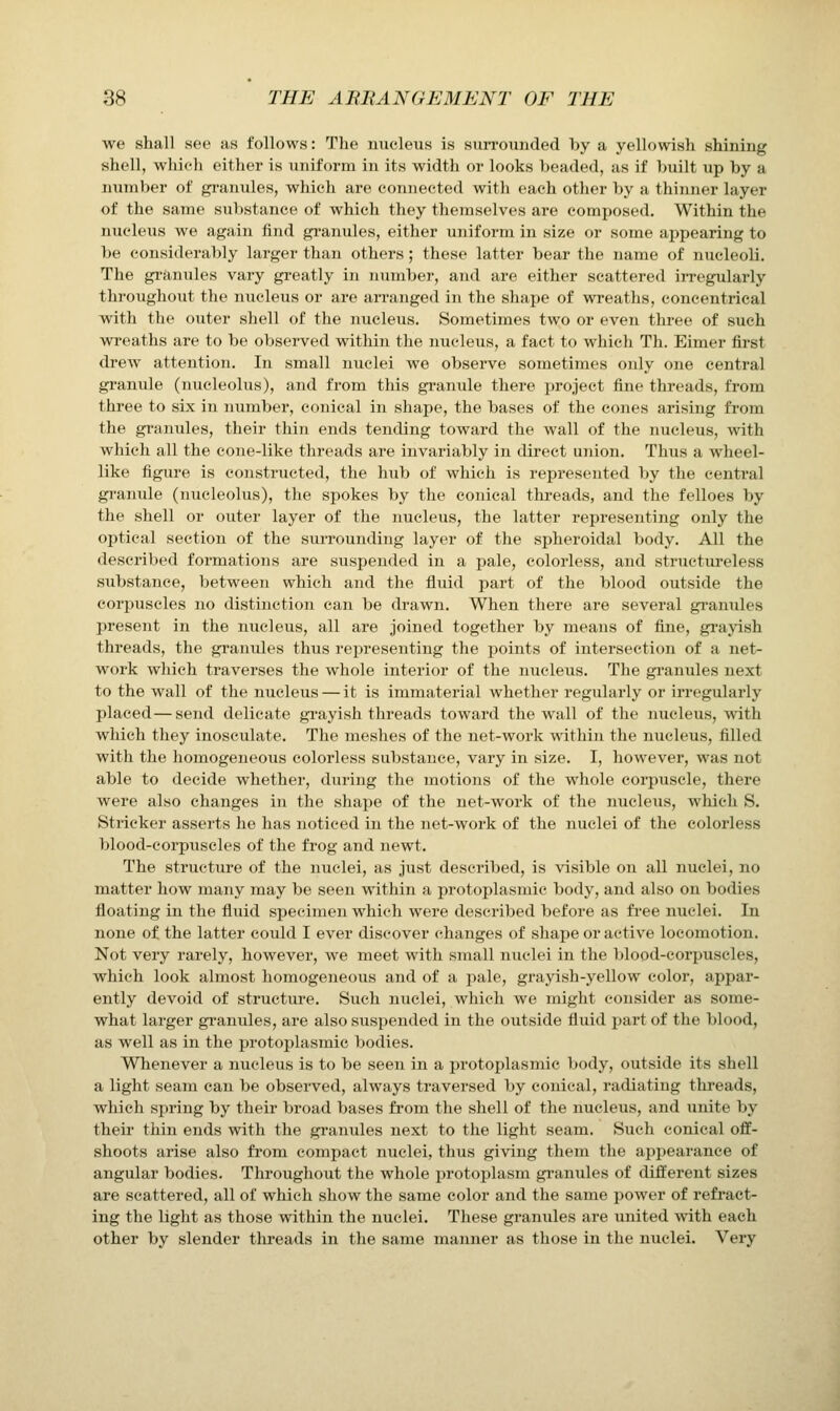 we shall see as follows: The nucleus is surrounded by a yellowish shining shell, which either is uniform in its width or looks Vjeaded, as if built up by a number of granules, which are connected with each other by a thinner layer of the same substance of which they themselves are composed. Within the nucleiis we again find gi'anules, either uniform in size or some appearing to be considerably larger than others; these latter bear the name of nucleoli. The granules vary greatly in number, and are either scattered irregularly throughout the nucleus or are an-anged in the shape of wreaths, concentrical with the outer shell of the nucleus. Sometimes two or even three of such wreaths are to be observed within the nucleus, a fact to which Th. Eimer first drew attention. In small nuclei we observe sometimes only one central granule (nucleolus), and from this gi'anule there jiroject fine threads, from three to six in number, conical in shape, the bases of the cones arising from the granules, their thin ends tending toward the wall of the nucleus, with which all the cone-like threads are invariably in direct union. Thus a wheel- like figure is constructed, the hub of which is represented by the central gi'anule (nucleolus), the spokes by the conical tlu-eads, and the felloes by the shell or outer layer of the nucleus, the latter representing only the optical section of the surrounding layer of the spheroidal body. All the described formations are suspended in a pale, colorless, and structiu'eless substance, between which and the fluid part of the blood outside the corpuscles no distinction can be drawn. When there are several gramiles present in the nucleus, all are joined together by means of fine, grayish threads, the granules thus representing the points of intersection of a net- work which traverses the whole interior of the nucleus. The granules next to the wall of the nucleus — it is immaterial whether regulai'ly or irregulaily placed—send delicate grayish threads toward the wall of the nucleus, with wliich they inosculate. The meshes of the net-work within the nucleus, filled with the homogeneous colorless substance, vary in size. I, however, was not able to decide whether, during the motions of the whole corpuscle, there were also changes in the shape of the net-work of the nucleus, which S. Strieker asserts he has noticed in the net-work of the nuclei of the colorless blood-corpuscles of the frog and newt. The structure of the nuclei, as jiist described, is visible on all nuclei, no matter how many may be seen within a protoplasmic body, and also on bodies floating in the fluid specimen which were described before as fi-ee nuclei. In none of the latter could I ever discover changes of shape or active locomotion. Not very rarely, however, we meet with small nuclei in the blood-corpuscles, which look almost homogeneous and of a pale, grayish-yellow color, appar- ently devoid of structure. Such nuclei, which we might consider as some- what larger granules, are also suspended in the outside fluid part of the blood, as well as in the protoplasmic bodies. Whenever a nucleus is to be seen in a protoplasmic body, outside its shell a light seam can be observed, always traversed by conical, radiating thi-eads, which spring by their broad bases from the shell of the nucleus, and unite by their thin ends with the granules next to the light seam. Such conical off- shoots arise also from compact nuclei, thus giving them the appearance of angular bodies. Throughout the whole protoplasm gi-anules of different sizes ai'e scattered, all of which show the same color and the same power of refract- ing the Light as those within the nuclei. These granules are united with each other by slender threads in the same manner as those in the nuclei. Very