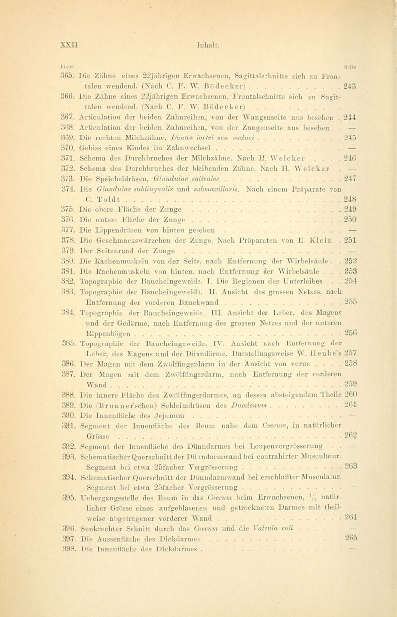 talen wendend. (Nach C. F. W. Bödecker) 243 366. Die Zähne eines 22jährigen Erwachsenen, Frontalschnitte sich zu Pagit- talen wendend. (Nach C. F. W. Bödecker) — 367. Articulation der heiden Zahnreihen, von der Wangenseite ans besehen . 244 368. Articulation der beiden Zahnreihen, von der Zungenseite aus besehen . — 369. Die rechten Milchzähne, Dentes lactei seit, saduci 245 370. Gehiss eines Kindes im Zahnwechsel — 371. Schema des Durchbruches der Milchzähne. Nach K. Welcker .... 24(i 372. Schema des Durchbruches der bleibenden Zähne. Nach II. Welcker . — 373. Die Speicheldrüsen, Glandulae salivales 247 374. Die Glandulae subungualis und submaxillaris. Nach einem Präparate von C. Toldt 248 375. Die obere Fläche der Zunge 249 376. Die untere Fläche der Zunge 250 377. Die Lippendrüsen von hinten gesehen — 378. Die Geschmackswärzchen der Zunge. Nach Präparaten von E. Klein . 251 379. Der Seitenrand der Zunge — 380. Die Kachenmuskeln von der Seite, nach Entfernung der Wirbelsäule . . 252 381. Die Rachenmuskeln von hinten, nach Entfernung der Wirbelsäule . . . 253 382. Topographie der Baucheingeweide. I. Die Regionen des Unterleibes . . 254 383. Topographie der Baucheingeweide. II. Ansicht des grossen Netzes, nach Entfernung der vorderen Bauchwaud 2.).) 384. Topographie dir Baucheingeweide. 111. Ansicht der Leber, des Magens und der Gedärme, nach Entfernung des grossen Netzes und der unteren Rippenbögen 256 385. Topographie der Baucheingeweide. IV. Ansicht nach Entfernung der Leber, des Magens und der Dünndärme. Darstellungsweise W. Henke's 257 386. Der Magen mit dem Zwölffingerdarm in der Ansicht von vorne .... 258 387. Der Magen mit dem Zwölffingerdarm, nach Entfernung der vorderen Wand 259 388. Die innere Fläche des Zwölffingerdarmes, an dessen absteigendem Theile 260 389. Die (Brunner'schen) Schleimdrüsen des Duodenum 261 390. Die Innenfläche des Jejunum — 391. Segment der Innenfläche des Ileum nahe dem Coecum, in natürlicher Grösse ' 262 392. Segment der Innenfläche des Dünndarmes bei Loupenvergrösserung . . - 393. Schematischer Querschnitt der Dünndarmwand bei contrahirter Musculatur. Segment bei etwa 25facber Vergrösserung 203 394. Schematischer Querschnitt der Dünndarmwand bei erschlaffter Musculatur. Segment bei etwa 25facher Vergrösserung 395. Uebergangsstelle des Ileum in das Coecum beim Erwachsenen, '/, natür- licher Grösse eines aufgeblasenen und getrockneten Darmes mit theil- weise abgetragener vorderer Wand 264 396 Senkrechter Schnitt durch das Coecum und die Valvula coli - 397. Die Aussenfläche des Dickdarmes 265 398. Die Innenfläche des Dickdarmes —