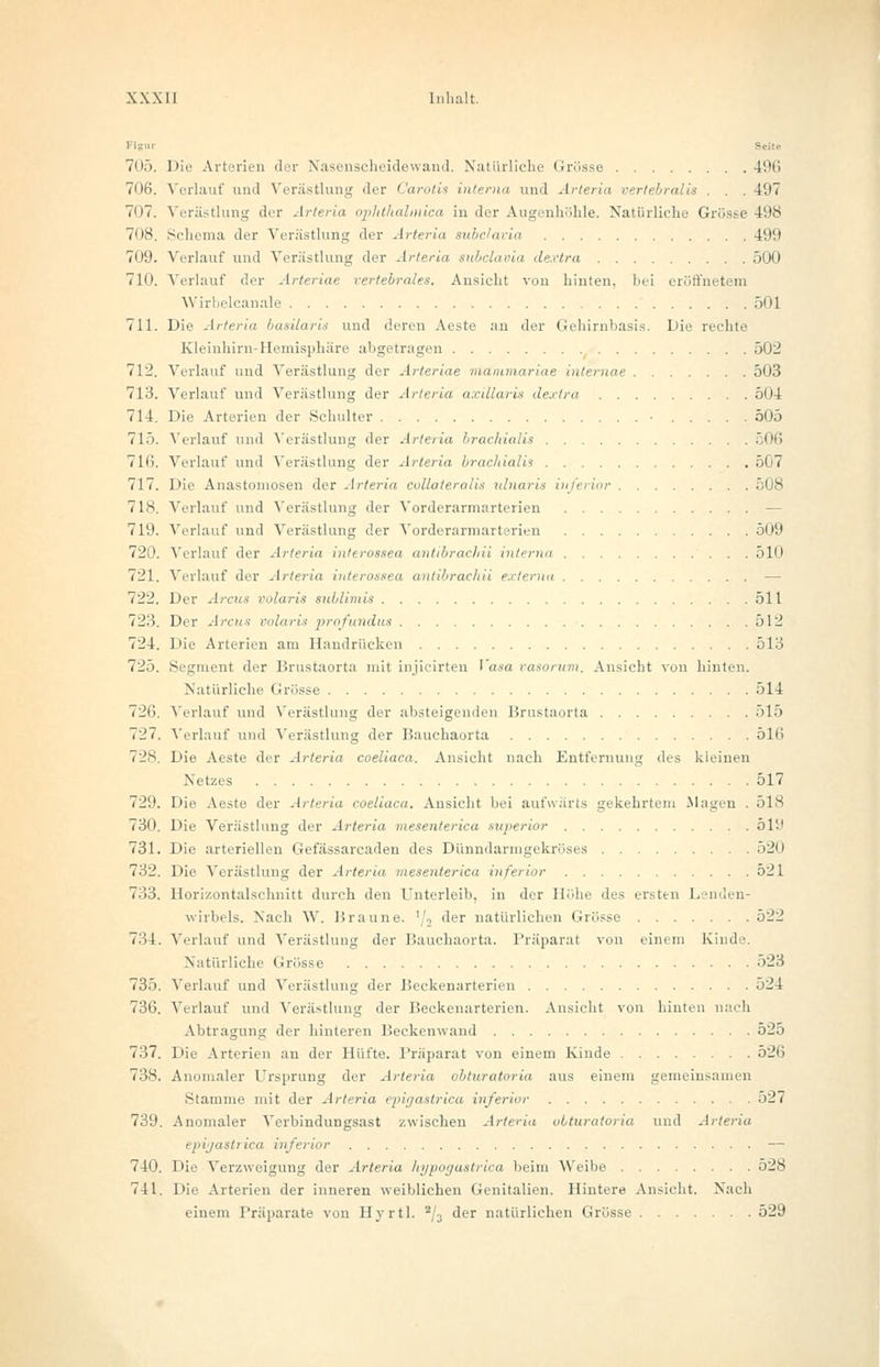 705 Die Arterien der Nasenscheidewand. Natürliche Grösse 4'.H'> 706. Verlauf und Verästlung der Carotis interna und Arieria vertebralis . . . 407 707. Verästlung der Arieria ophthalmica in der Augenhöhle. Natürliche Grösse 498 708. Schema der Verästlung der Arteria subclavia 499 709. Verlauf und Verästlung der Arieria subclavia dextra 500 710. Verlauf der Arteriae vertebrales. Ansieht von hinten, bei eröffnetem Wirbelcanale 501 711. Die Arteria basilaris und denn Aeste an der Gehirnbasis. Die rechte Kleinhirn-Hemisphäre abgetragen 502 712. Verlauf und Verästlung der Arteriae mammariae internae 503 713. Verlauf und Verästlung der Arieria axillaris dextra 504 714. Die Arterien der Schulter ■ 505 715. Verlauf und Verästlung der Arieria brachialis 506 716. Verlauf und Verästlung der Arteria brachialis 507 717. Die Anastomosen der Arteria collateralis ulnaris inferior 508 7 IS. Verlauf und Verästlung der Vorderarmarterien — 719. Verlauf und Verästlung der Vorderarmarterien 509 720. Verlauf der Arieria inlerossea antibrachii interna 510 721. Verlauf der Arieria interossea antibrachii externa — 722. Der Arcus volaris sublimis 511 723. Der Arcus volaris profundus 512 724. Die Arterien am Handrücken 513 725. Segment der Brustaorta mit injicirten Vasa vasorum. Ansicht von hinten. Natürliche Grösse 514 726. Verlauf und Verästlung der absteigenden Brustaorta 515 727. Verlauf und Verästlung der Bauchaorta 516 728. Die Aeste der Arteria coeliaca. Ansicht nach Entfernung des kleinen Netzes 517 729. Die Aeste der Arteria coeliaca. Ansicht bei aufwärts gekehrtem Magen . 518 730. Die Verästlung der Arteria mesenterica superior 519 731. Die arteriellen Gefässarcaden des Dünndarmgekröses 52l> 732. Die Verästlung der Arteria mesenterica inferior 521 733. Horizontalschnitt durch den Unterleib, in der Höhe des ersten Lenden- wirbels. Nach W. Braune. '/•> der natürlichen Grösse 522 734. Verlauf und Verästlung der Bauchaorta. Präparat von einem Kinde. Natürliche Crosse 523 735. Verlauf und Verästlung der Beckenarterien 524 736. Verlauf und Verästlung der Beckenarterien. Ansicht von hinten nach Abtragung der hinteren Beckenwand 525 737. Die Arterien an der Hüfte. Präparat von einem Kinde 526 738. Anomaler Ursprung der Arteria obturatoria aus einem gemeinsamen Stamme mit der Arteria epigastrica inferior 527 739. Anomaler Verbindungsast zwischen Arieria obturatoria und Arteria epigastrica inferior — 740. Die Verzweigung der Arteria hypogastrica beim Weibe 528 741. Die Arterien der inneren weiblichen Genitalien. Hintere Ansicht. Nach