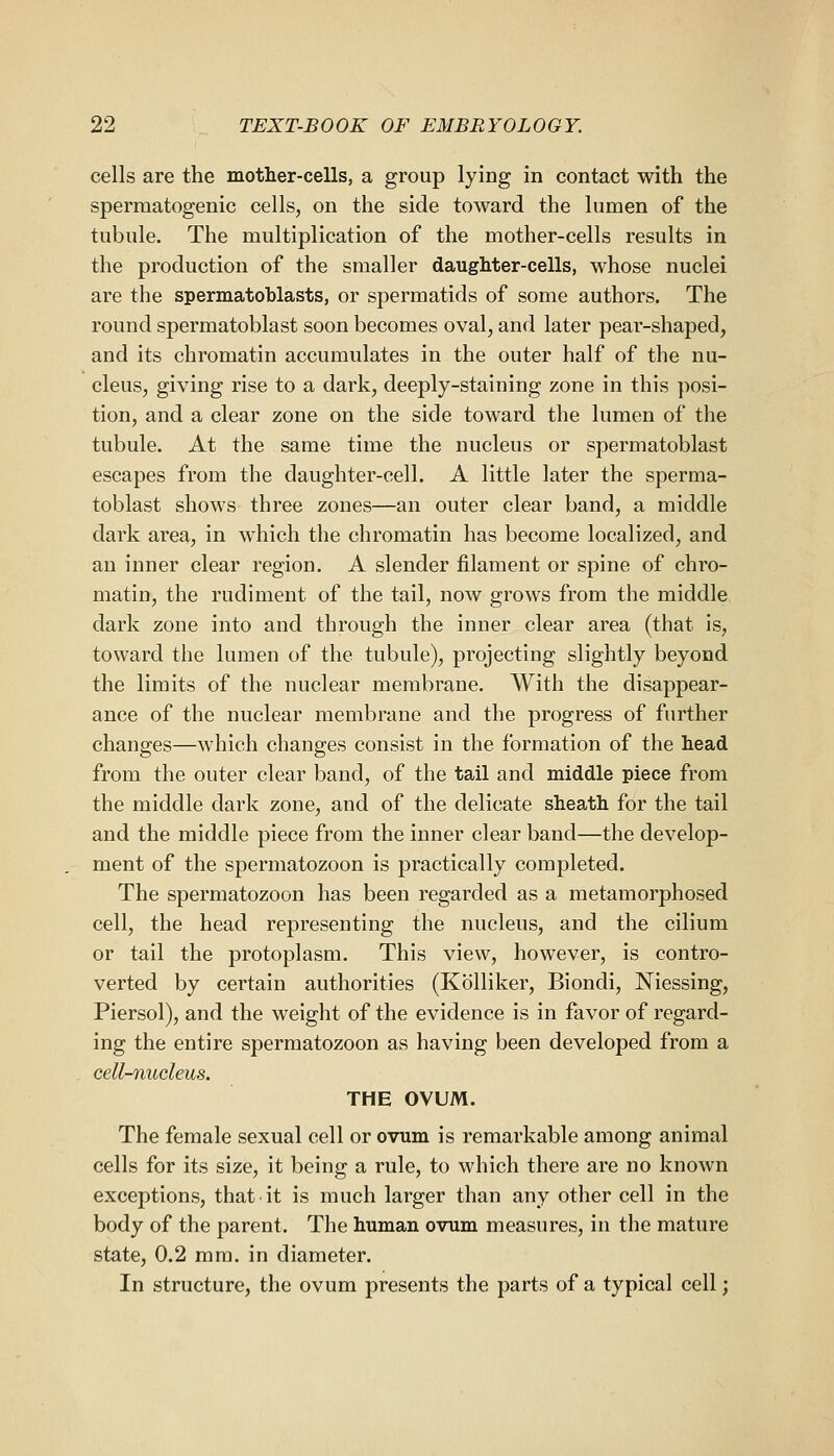 cells are the mother-cells, a group lying in contact with the spermatogenic cells, on the side toward the lumen of the tubule. The multiplication of the mother-cells results in the production of the smaller daughter-cells, whose nuclei are the spermatoblasts, or spermatids of some authors. The round spermatoblast soon becomes oval, and later pear-shaped, and its chromatin accumulates in the outer half of the nu- cleus, giving rise to a dark, deeply-staining zone in this posi- tion, and a clear zone on the side toward the lumen of the tubule. At the same time the nucleus or spermatoblast escapes from the daughter-cell. A little later the sperma- toblast shows three zones—an outer clear band, a middle dark area, in which the chromatin has become localized, and an inner clear region. A slender filament or spine of chro- matin, the rudiment of the tail, now grows from the middle dark zone into and through the inner clear area (that is, toward the lumen of the tubule), projecting slightly beyond the limits of the nuclear membrane. With the disappear- ance of the nuclear membrane and the progress of further changes—which changes consist in the formation of the head from the outer clear band, of the tail and middle piece from the middle dark zone, and of the delicate sheath for the tail and the middle piece from the inner clear band—the develop- ment of the spermatozoon is practically completed. The spermatozoon has been regarded as a metamorphosed cell, the head representing the nucleus, and the cilium or tail the protoplasm. This view, however, is contro- verted by certain authorities (Kolliker, Biondi, Niessing, Piersol), and the weight of the evidence is in favor of regard- ing the entire spermatozoon as having been developed from a cell-nucleus. THE OVUM. The female sexual cell or ovum is remarkable among animal cells for its size, it being a rule, to which there are no known exceptions, that it is much larger than any other cell in the body of the parent. The human ovum measures, in the mature state, 0.2 mm. in diameter. In structure, the ovum presents the parts of a typical cell;