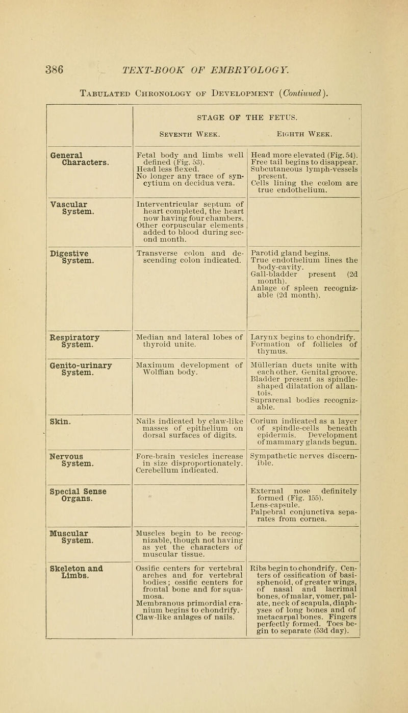 Tabulated Chronology of Development {Continued). 1 STAGE OF THE FETUS. { Seventh Week. Eighth Week. General Characters. Fetal body and limbs well defined (Fig. 5o). Head less flexed. No longer any trace of syn- cytium on decidua vera. Head more elevated (Fig. 54). Free tail begins to disappear. Subcutaneous lymph-vessels present. Cells lining the coelom are true endothelium. Vascular System. Interventricular septum of heart completed, the heart now having four chambers. Other corpuscular elements added to blood during sec- ond month. Digestive System. Transverse colon and de- scending colon indicated. Parotid gland begins. True endothelium lines the body-cavity. Gall-bladder present (2d , month). Anlage of spleen recogniz- able (2d month). Respiratory System. Median and lateral lobes of thyroid unite. Larynx begins to chondrify. Formation of follicles of thymus. Genito-urinary System. Maximum development of Wolffian body. MuUerian ducts unite with each other. Genital groove. Bladder present as spindle- shaped dilatation of allan- tois. Suprarenal bodies recogniz- able. Skin. Nails indicated by claw-like masses of epithelium on dorsal surfaces of digits. Corium indicated as a layer of spindle-cells beneath epidermis. Development of mammary glands begun. Nervous System. Fore-brain vesicles increase in size disproportionately. Cerebellum indicated. Sympathetic nerves discern- ible. Special Sense Organs. External nose definitely formed (Fig. 155). Lens-capsule. Palpebral conjunctiva sepa- rates from cornea. Muscular System. Muscles begin to be recog- nizable, though not having as yet the characters of muscular tissue. Skeleton and Limbs. Ossific centers for vertebral arches and for vertebral bodies; ossific centers for frontal bone and for squa- mosa. Membranous primordial cra- nium begins to chondrify. Claw-like anlages of nails. Ribs begin to chondrify. Cen- ters of ossification of basi- sphenoid, of greater wings, of nasal and lacrimal bones, of malar, vomer, pal- ate, neck of scapula, diaph- yses of long bones and of metacarpal bones. Fingers perfectly formed. Toes be- gin to separate (53d day).