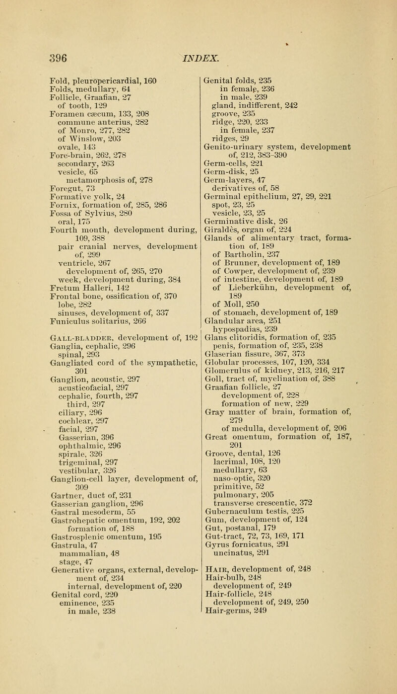Fold, pleuropericardial, 160 Folds, medullary, 64 Follicle, Graafian, 27 of tooth, 129 Foramen caecum, 133, 208 commune auterius, 282 of Monro, 277, 282 of Winslow, 203 ovale, 143 Fore-brain, 262, 278 secondary, 263 vesicle, 65 metamorphosis of, 278 Foregut, 73 Formative yolk, 24 Fornix, foi-mation of, 285, 286 Fossa of Sylvius, 280 oral, 175 Fourth month, development during, 109, 388 pair cranial nerves, development of, 299 ventricle, 267 development of, 265, 270 week, development during, 384 Fretum Halleri, 142 Frontal bone, ossification of, 370 lobe, 282 sinuses, development of, 337 Funiculus solitarius, 266 Gall-bladder, development of, 192 Ganglia, cephalic, 296 spinal, 293 Gangliated cord of the sympathetic, 301 Ganglion, acoustic, 297 acusticofacial, 297 cephalic, fourth, 297 third, 297 ciliary, 296 cochlear, 297 facial, 297 Gasserian, 396 ophthalmic, 296 spirale, 326 trigeminal, 297 vestibular, 326 Ganglion-cell layer, development of, 309 Gartner, duct of, 231 Gasserian ganglion, 296 Gastral mesoderm, 55 Gastrohepatic omentum, 192, 202 formatio7i of, 188 Gastrosplenic omentum, 195 Gastrula, 47 mammalian, 48 stage, 47 Generative organs, external, develop- ment of, 234 internal, development of, 220 Genital cord, 220 eminence, 235 in male, 238 Genital folds, 235 in femalp, 236 in male, 239 gland, indilferent, 242 groove, 235 ridge, 220, 233 in female, 237 ridges, 29 Genito-urinary system, development of, 212, 383-390 Germ-cells, 221 Germ-disk, 25 Germ-layers, 47 derivatives of, 58 Germinal epithelium, 27, 29, 221 spot, 23, 25 vesicle, 23, 25 Germinative disk, 26 Giraldes, organ of, 224 Glands of alimentary tract, forma- tion of, 189 of Bartholin, 237 of Brunner, development of, 189 of Cowper, development of, 239 of intestine, development of, 189 of Lieberkiihn, development of, 189 of Moll, 250 of stomach, development of, 189 Glandular area, 251 hypospadias, 239 Glans clitoridis, formation of, 235 penis, formation of, 235, 238 Glaserian fissure, 367, 373 Globular processes, 107, 120, 334 Glomerulus of kidney, 213, 216, 217 Goll, tract of, myelination of, 388 Graafian follicle, 27 development of, 228 formation of new, 229 Gray matter of brain, formation of, 279 of medulla, development of, 206 Great omentum, formation of, 187, 201 Groove, dental, 126 lacrimal, 108, 120 medullary, 63 naso-optic, 320 primitive, 52 pulmonary, 205 transverse crescentic, 372 Gubernaculum testis, 225 Gum, development of, 124 Gut, postanal, 179 Gut-tract, 72, 73, 169, 171 Gyrus fornicatus, 291 uncinatus, 291 Hair, development of, 248 Hair-bulb, 248 development of, 249 Hair-follicle, 248 development of, 249, 250 Hair-germs, 249