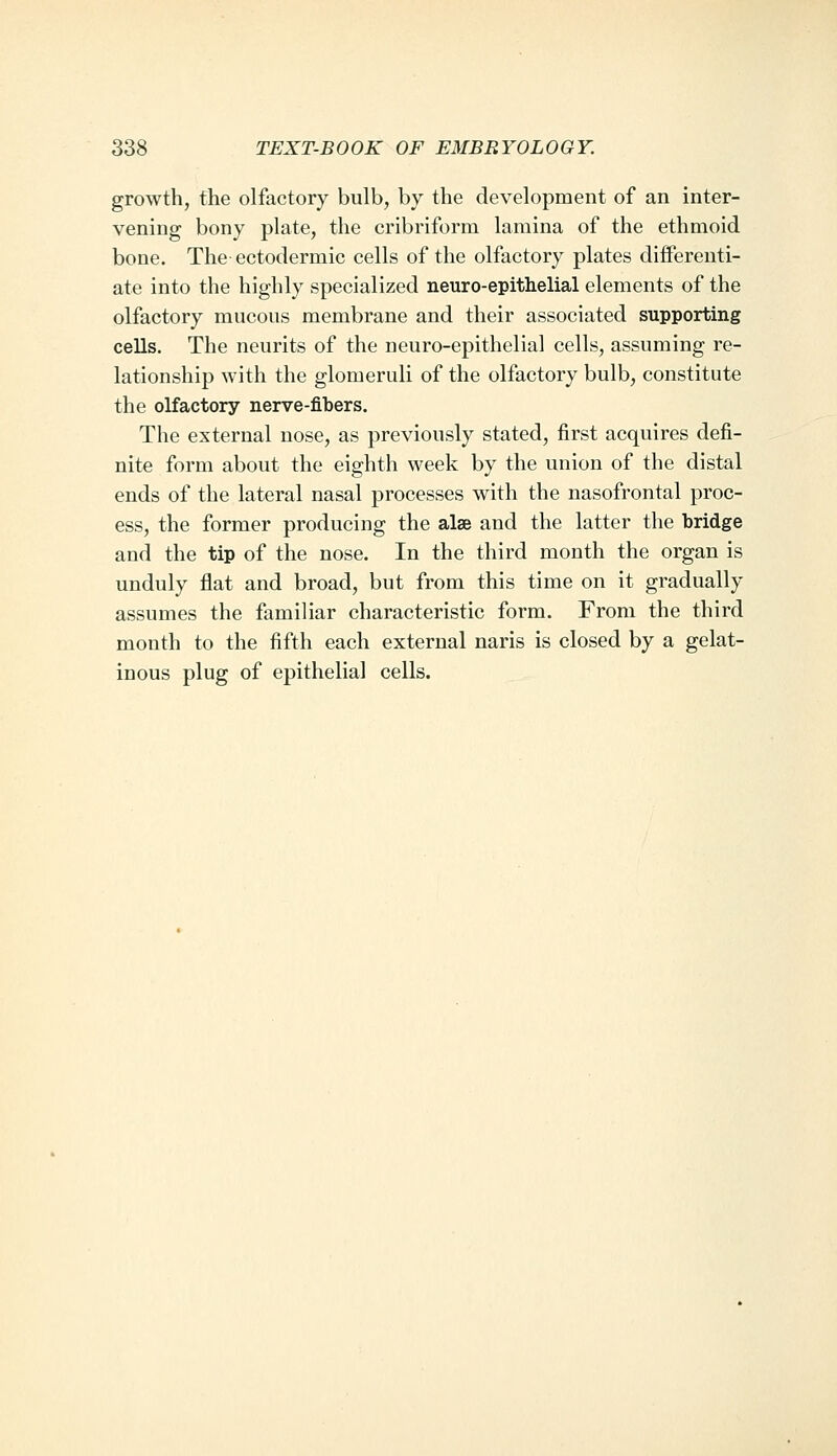 growth, the olfactory bulb, by the development of an inter- vening bony plate, the cribriform lamina of the ethmoid bone. The ectodermic cells of the olfactory plates diiferenti- ate into the highly specialized neuro-epitlielial elements of the olfactory mucous membrane and their associated supporting cells. The neurits of the neuro-epithelial cells, assuming re- lationship with the glomeruli of the olfactory bulb, constitute the olfactory nerve-fibers. The external nose, as previously stated, first acquires defi- nite form about the eighth week by the union of the distal ends of the lateral nasal processes with the nasofrontal proc- ess, the former producing the alae and the latter the bridge and the tip of the nose. In the third month the organ is unduly flat and broad, but from this time on it gradually assumes the familiar characteristic form. From the third month to the fifth each external naris is closed by a gelat- inous plug of epithelial cells.