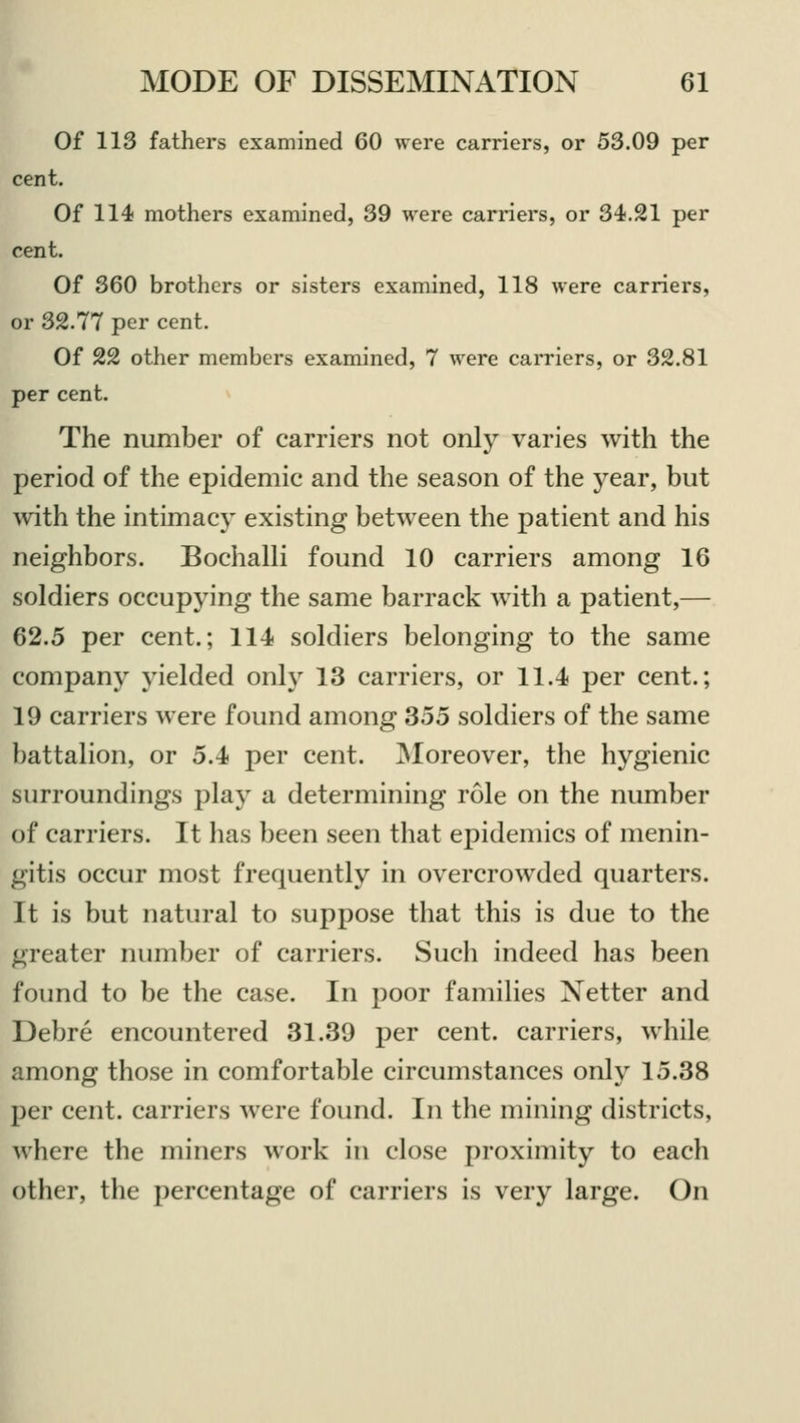 Of 113 fathers examined 60 were carriers, or 53.09 per cent. Of 114 mothers examined, 39 were carriers, or 34.21 per cent. Of 360 brothers or sisters examined, 118 were carriers, or 32.77 per cent. Of 22 other members examined, 7 were carriers, or 32.81 per cent. The number of carriers not only varies with the period of the epidemic and the season of the year, but with the intimacy existing between the patient and his neighbors. Bochalli found 10 carriers among 16 soldiers occupying the same barrack with a patient,— 62.5 per cent.; 114 soldiers belonging to the same company yielded only 13 carriers, or 11.4 per cent.; 19 carriers were found among 355 soldiers of the same battalion, or 5.4 per cent. Moreover, the hygienic surroundings play a determining role on the number of carriers. It has been seen that epidemics of menin- gitis occur most frequently in overcrowded quarters. It is but natural to suppose that this is due to the greater number of carriers. Such indeed has been found to be the case. In poor families Netter and Debre encountered 31.39 per cent, carriers, while among those in comfortable circumstances only 15.38 per cent, carriers were found. In the mining districts, where the miners work in close proximity to each other, the percentage of carriers is very large. On