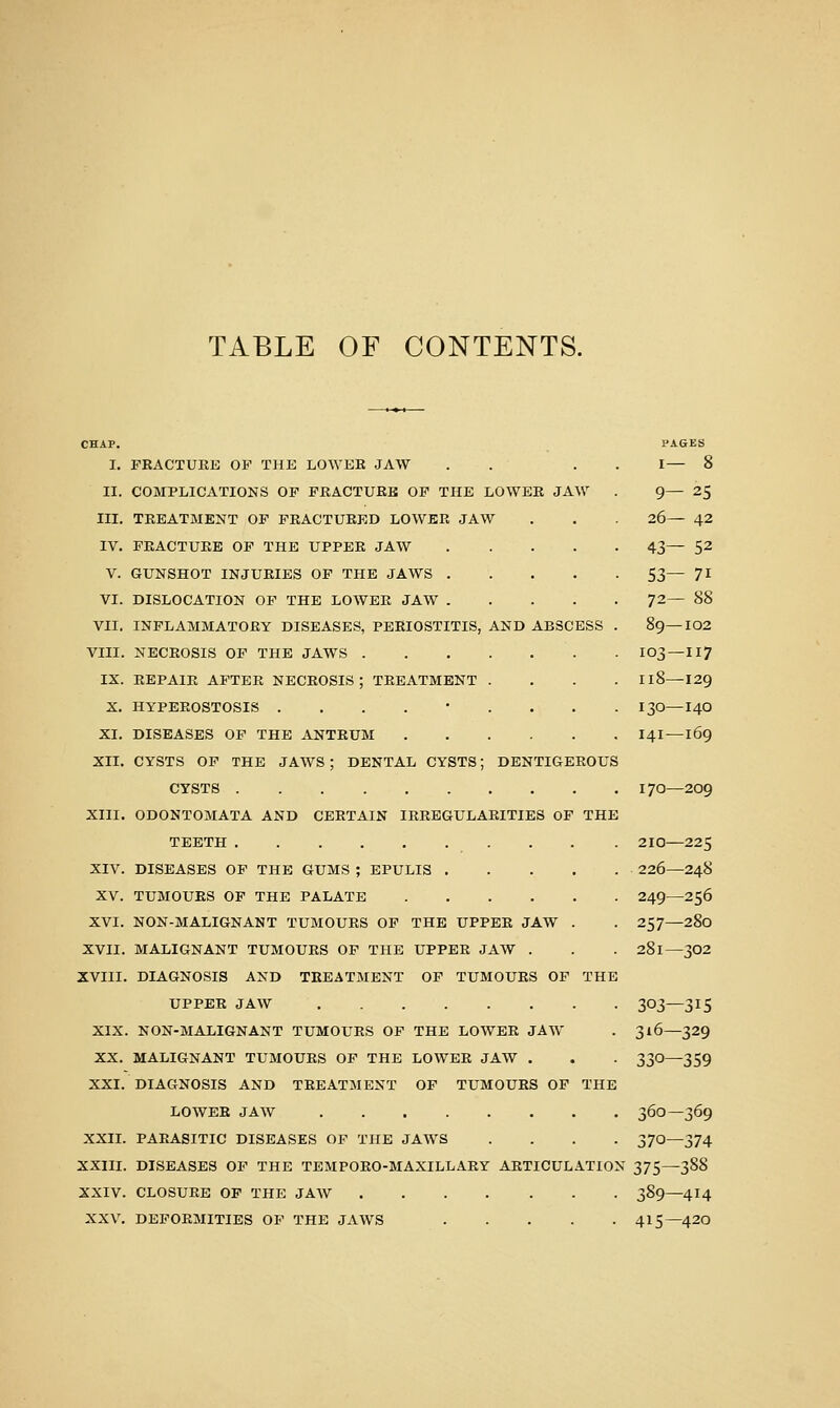 TABLE OF CONTENTS. CHAP. PAGES I. FEACTUEK OF THE LOWER JAW . . . . I— 8 II. COMPLICATIONS OF FRACTURE OF THE LOWER JAW . 9— 2$ III. TREATMENT OF FRACTURED LOWER JAW . . 26— 42 IV. FRACTURE OF THE UPPER JAW 43— 52 V. GUNSHOT INJURIES OF THE JAWS 53— ?! VI. DISLOCATION OF THE LOWER JAW 72— 88 VII. INFLAMMATORY DISEASES, PERIOSTITIS, AND ABSCESS . 89—102 VIII. NECROSIS OP THE JAWS IO3—II7 IX. REPAIR AFTER NECROSIS; TREATMENT .... I18—129 X. HYPEROSTOSIS ......... I30—I4O XI. DISEASES OF THE ANTRUM I4I —169 XII. CYSTS OP THE JAWS ; DENTAL CYSTS; DENTIGEEOUS CYSTS 170—209 XIII. ODONTOMATA AND CERTAIN IRREGULARITIES OF THE TEETH 210—225 XIV. DISEASES OP THE GUMS ; EPULIS ■ 226—248 XV. TUMOURS OP THE PALATE 249—256 XVI. NON-MALIGNANT TUMOURS OF THE UPPER JAW . . 257—280 XVII. MALIGNANT TUMOURS OF THE UPPER JAW . . . 281—302 XVIII. DIAGNOSIS AND TREATMENT OF TUMOURS OF THE UPPER JAW 303—315 XIX. NON-MALIGNANT TUMOURS OF THE LOWER JAW . 316—329 XX. MALIGNANT TUMOURS OF THE LOWER JAW . . . 33O—359 XXI. DIAGNOSIS AND TREATMENT OF TUMOURS OF THE LOWER JAW 360—369 XXII. PARASITIC DISEASES OF THE JAWS .... 370—374 XXIII. DISEASES OF THE TEMPORO-MAXILLARY ARTICULATION 375^388 XXIV. CLOSURE OP THE JAW 389—4I4 XXV. DEFORMITIES OF THE JAWS 415—420