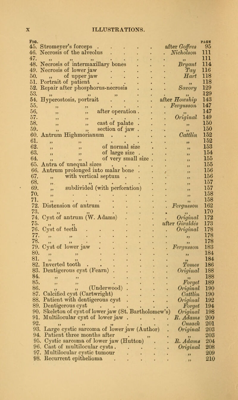 Fia. 45. Stromeyer's forceps . 46. Necrosis of the alveolus 47. „ „ „ . . 48. Necrosis of intermaxillary bones 49. Necrosis of lower jaw 60. „ of upper jaw 61. Portrait of patient 62. Repair after phosphorus-necrosis 53. „ 54. Hyperostosis, portrait 55. „ „ . . _ „ ,, after operation 56. 57. 58. 59, 60. 61. 62. 63. 64. 65. „ „ cast of palate ,, „ section of jaw Antrum Highmorianum with vertical septum subdivided (with jjerforation) ,, „ of normal size ,, ,, of large size ,, ,, of very small Antra of unequal sizes 66. Antrum prolonged into malar bone 67. . ■- ■ - 68. 69. 70. 71. „ .... . 72. Distension of antrum 73. 74. Cyst of antrum (W. Adams) 75. n. Cyst of teeth . 77. ■„ 78. „ „ . . 79. Cyst of lower jaw 80. „ 81. „ 82. Inverted tooth . 83. Dentigerous cyst (Feam) 84. 85. 86. ,, ,, (Underwood) 87. Calcified cyst (Cartwright) 88. Patient with dentigerous cyst 89. Dentigerous cyst 90. Skeleton of cyst of lower jaw (St. Bartholomew 91. Multilocular cyst of lower jaw 92. ,, . ,, „ 93. Large cystic sarcoma of lower jaw (Author) 94. Patient three months after . ,, 95. Cystic sarcoma of lower jaw (Hutton) 96. Cast of multilocular cysts .... 97. Multilocular cystic tumour 98. Recurrent cpitheUoma .... after Goffres Nicholson Bryant Tay Hart >» Savory after HoicsJiip Fergusson Original Cattlm Fergusson Original after Giraldes Original Fergusson Tomes Original >> Forget Original Cattlin Original Forget Original E. Adams Cusach Original »f R. Adams Original 95 111 111 114 116 118 118 129 129 143 147 147 149 150 150 152 152 153 154 155 155 156 156 157 157 158 158 162 170 172 173 178 178 178 183 184 184 186 188 188 189 190 190 192 194 198 200 201 203 203 204 208 209 210