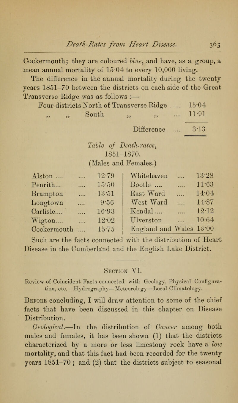 Death-Rates front Heart Disease. 0^0 Cockermouth; tliey are coloured hlnc^ and have, as a group, a mean annual mortality of 15-04 to every 10,000 living. The difference in the annual mortality during the twenty years 1851-70 between the districts on each side of the Great Transverse Ridge was as follows :— Four districts North of Transverse Ridge .... 15-04 South ,, ,, .... 11-91 Difference Tahle of Bcntli-rates, 1851-1870. (Males and Females.) O lo Alston 12-79 Whitehaven .... 13-28 Penrith.... 15-50 Bootle .... .... 11-63 Brampton 13-51 East Ward 14-04 Longtown 9-56 West Ward .... 14-87 Carlisle.... 16-93 Kendal.... .... 12-12 Wigton 12-02 15-75 Ul verston .... 10-64 Cockermouth .... England and Wales 13-00 Such are the facts connected with the distribution of Heart Disease in the Cumberland and the English Lake District. Section VI. Heview of Coincideut Facts connected with Geology, Physical Configura- tion, etc.—Hydrography—Meteorology—Local Climatology. Befoee concluding, I will draw attention to some of the chief facts that have been discussed in this chapter on Disease Distribution. Geological.—In the distribution of Cancer among both males and females, it has been shown (1) that the districts characterized by a more or less limestony rock have a loiv mortality, and that this fact had been recorded for the twenty