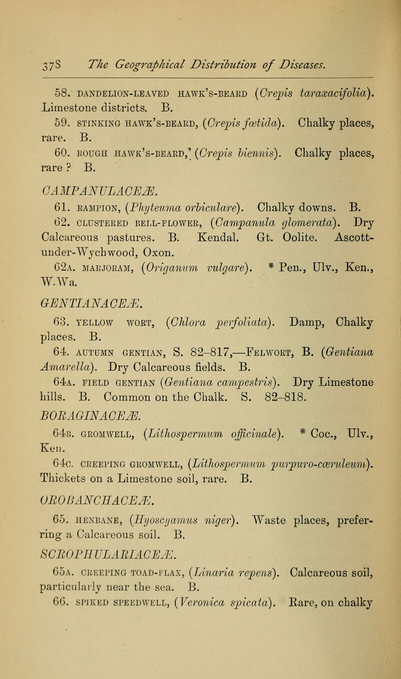 58. DANDELION-LEAVED hawk's-beaed (Grepis tobraxacifoUa). Limestone districts. B. 59. STINKING hawk's-bearDj (Grejpis foetido). Chalky places, rare. B. 60. EOUGH hawk's-beard,'^ {Grejpis biennis). Chalky places, rare ? B. GAMFANULAGE2E. 61. RAMPiON, [Phjteuma orhiculare). Chalky downs. B. 62. clustered bell-flower, {Gamjpanula glomerata). Dry Calcareous pastures. B. Kendal. Gt. Oolite. Ascott- under-Wychwood, Oxon. 62a. MARJORAM, [Origanum vulgare). * Pen., Ulv., Ken., W.Wa. GENTIANAGE.E. 63. YELLOW WORT, (GJilora jperfoUata). Damp, Chalky places. B. 64. AUTUMN GENTIAN, S. 82-817,—Felwort, B. (Geutiana Amarella). Dry Calcareous fields. B. 64a. field gentian {Gentiana camjpestris). Dry Limestone hills. B. Common on the Chalk. S. 82-818. BORAGINAGEjE. 64b. gromwell, (Lithospermum officinale). * Coc, Ulv., Ken. 64g. creeping gromwell, {LitJiosjpermum purpuro-cceruleum). Thickets on a Limestone soil, rare. B. 0B0IJANGHAGE,E. 65. henbane, {Hyoscijamus niger). Waste places, prefer- ring a Calcareous soil. B. SGBOPIIULABIACE.E. 65a. CRiiEPiNG TOAD-FLAX, [Linaria repens). Calcareous soil, particularly near the sea. B. 66. SPJKED SPEEDWELL, (Veronica spicata). Rare, on chalky