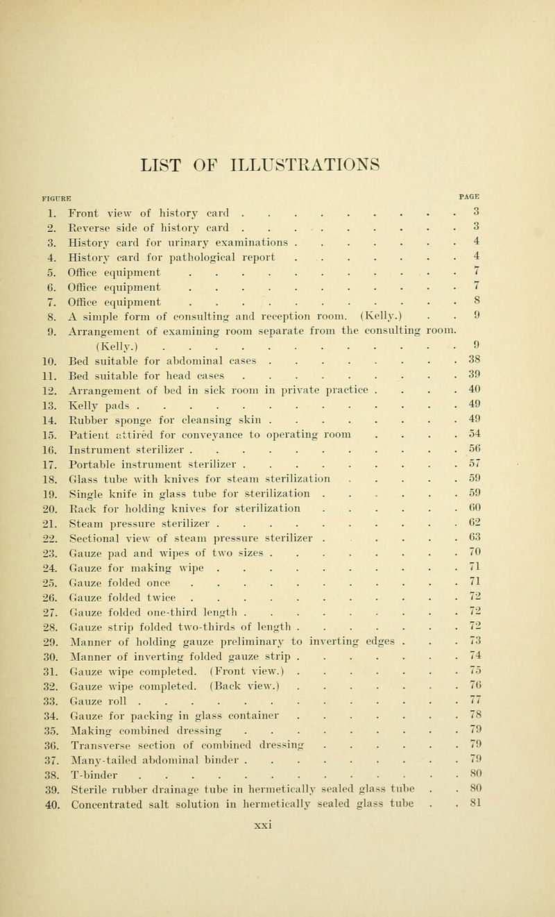 LIST OF ILLUSTRATIONS practice 1. Front view of history card . 2. Reverse side of history card . 3. History card for urinary examinations 4. History card for pathological report 5. Office equipment .... 6. Office equipment .... 7. Office equipment .... 8. A simple form of consulting and reception room. (Kelly.) 9. Arrangement of examining room separate from the consulting (Kelly.) 10. Bed suitable for abdominal cases . 11. Bed suitable for head cases 12. Arrangement of bed in sick room in private 13. Kelly pads 14. Rubber sponge for cleansing skin . 15. Patient attired for conveyance to operating 16. Instrument sterilizer 17. Portable instrument sterilizer . 18. Glass tube with knives for steam sterilization 19. Single knife in glass tube for sterilization 20. Rack for holding knives for sterilization 21. Steam pressure sterilizer .... 22. Sectional view of steam pressure sterilizer 23. Gauze pad and wipes of two sizes . 24. Gauze for making wipe .... 25. Gauze folded once 26. Gauze folded twice 27. Gauze folded one-third length . 28. Gauze strip folded two-thirds of length . 29. Manner of holding gauze preliminary to invi 30. Manner of inverting folded gauze strip . 31. Gauze wipe completed. (Front view.) . 32. Gauze wipe completed. (Back view.) 33. Gauze roll 34. Gauze for packing in glass container 35. Making combined dressing 36. Transverse section of combined dressing 37. Many-tailed abdominal binder . 38. T-binder 39. Sterile rubber drainage tube in hermetically sealed glass tube 40. Concentrated salt solution in hermetically sealed glass tube ertintr ed PAGE 3 3 4 4 7 7 38 39 40 49 49 54 56 57 59 59 60 62 63 70 71 71 72 72 72 73 74 76 77 78 79 79 79 80 80 81