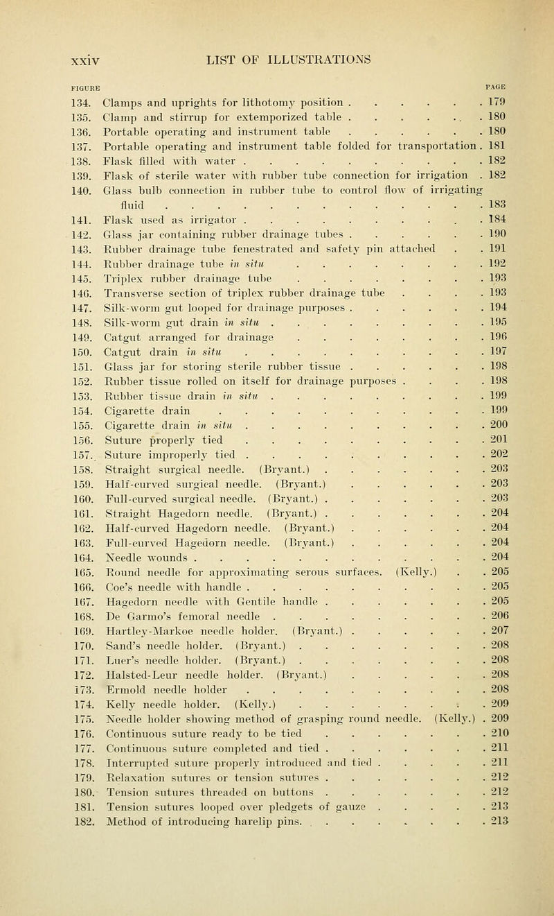 FIGURE PAGE 134. Clamps and uprights for lithotomy position 179 135. Clamp and stirrup for extemporized table . 180 136. Portable operating and instrument table 180 137. Portable operating and instrument table folded for transportation . 181 138. Flask filled with water 182 139. Flask of sterile water with rubber tube connection for irrigation . 182 140. Glass bulb connection in rubber tube to control flow of irrigating fluid 183 141. Flask used as irrigator . 184 142. Glass jar containing rubber drainage tubes 190 143. Rubber drainage tube fenestrated and safety pin attached . . 191 144. Rubber drainage tube in situ 192 145. Triplex rubber drainage tube 193 140. Transverse section of triplex rubber drainage tube .... 193 147. Silk-worm gut looped for drainage purposes 194 148. Silk-worm gut drain in situ 195 149. Catgut arranged for drainage 196 150. Catgut drain in situ 197 151. Glass jar for storing sterile rubber tissue 198 152. Rubber tissue rolled on itself for drainage purposes .... 198 153. Rubber tissue drain in situ 199 154. Cigarette drain 199 155. Cigarette drain in situ 200 156. Suture properly tied 201 157.. Suture improperly tied 202 158. Straight surgical needle. (Bryant.) 203 159. Half-curved surgical needle. (Bryant.) 203 160. Full-curved surgical needle. (Bryant.) 203 161. Straight Hagedorn needle. (Bryant.) 204 162. Half-curved Hagedorn needle. (Bryant.) 204 163. Full-curved Hagedorn needle. (Bryant.) 204 164. Needle wounds 204 165. Round needle for approximating serous surfaces. (Kelly.) . . 205 166. Coe's needle with handle 205 167. Hagedorn needle with Gentile handle 205 168. De Garmo's femoral needle 206 169. Hartley-Markoe needle holder. (Bryant.) 207 170. Sand's needle holder. (Bryant.) 208 171. Luer's needle holder. (Bryant.) 208 172. Halsted-Leur needle holder. (Bryant.) 208 173. Ermold needle holder 208 174. Kelly needle holder. (Kelly.) 209 175. Needle holder showing method of grasping round needle. (Kelly.) . 209 176. Continuous suture ready to be tied 210 177. Continuous suture completed and tied 211 178. Interrupted suture properly introduced and tied 211 179. Relaxation sutures or tension sutures 212 180. Tension sutures threaded on buttons 212 181. Tension sutures looped over pledgets of gauze 213 182. Method of introducing harelip pins. 213