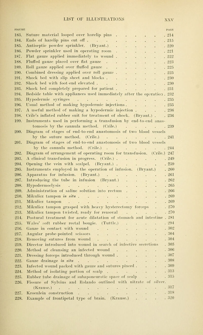fter the operation FIGURE 183. Suture material looped over harelip pins 184. Ends of harelip pins cut off . 185. Antiseptic powder sprinkler. (Bryant.) 186. Powder sprinkler used in operating room 187. Flat gauze applied immediately to wound 188. Fluffed gauze placed over flat gauze 189. Roll gauze applied over fluffed gauze . 190. Combined dressing applied over roll gauze 191. Shock bed with slip sheet and blocks . 192. Shock bed with foot-end elevated . 193. Shock bed completely prepared for patient 194. Bedside table with appliances used immediately a 195. Hypodermic syringes 190. Usual method of making hypodermic injections 197. A useful method of making a hypodermic injection 198. Crile's inflated rubber suit for treatment of shock. (Bryant.) . 199. Instruments used in performing a transfusion by end-to-end anas- tomosis by the cannula method. (Crile.) . . . . . 200. Diagram of stages of end-to-end anastomosis of two blood vessels by the suture method. (Crile.) 201. Diagram of stages of end-to-end anastomosis of two blood vessels by the cannula method. (Crile.) ....... 202. Diagram of arrangement of operating room for transfusion. (Crile.) 203. A clinical transfusion in progress. (Crile.) 204. Opening the vein with scalpel. (Bryant.) 205. Instruments employed in the operation of infusion. (Bryant.) 206. Apparatus for infusion. (Bryant.) 207. Introducing the tube in infusion (Bryant.) 208. Hypodermoclysis 209. Administration of saline solution into rectum 210. Mikulicz tampon in situ 211. Mikulicz tampon . . . 212. Mikulicz tampon grasped with heavy hysterectomy forceps 213. Mikulicz tampon twisted, ready for removal 214. Postural treatment for acute dilatation of stomach and intestine . 215. Wales' soft rubber rectal bougie. (Tattle.) 216. Gaaze in contact with woand 217. Angular probe-pointed scissors 218. Removing sutures from wound ........ 219. Director introduced into wound in search of infective secretions 220. Method of cleansing an infected wound 221. Dressing forceps introduced through wound 222. Gauze drainage in situ . . . 223. Infected wound packed with gauze and sutures placed . 224. Method of isolating portion of scalp 225. Rubber tube, drainage of subaponeurotic space of scalp 226. Fissure of Sylvius and Rolando outlined with nitrate of silver. (Krause.) 227. Kroenlein construction 228. Example of frontipetal type of brain. (Krause.) . PAGE 214 215 220 221 222 223 225 225 230 230 231 232 235 235 236 236 239 241 244 247 249 259 260 261 262 265 266 269 269 270 270 281 294 302 304 304 305 306 307 308 309 313 315 317 318 320