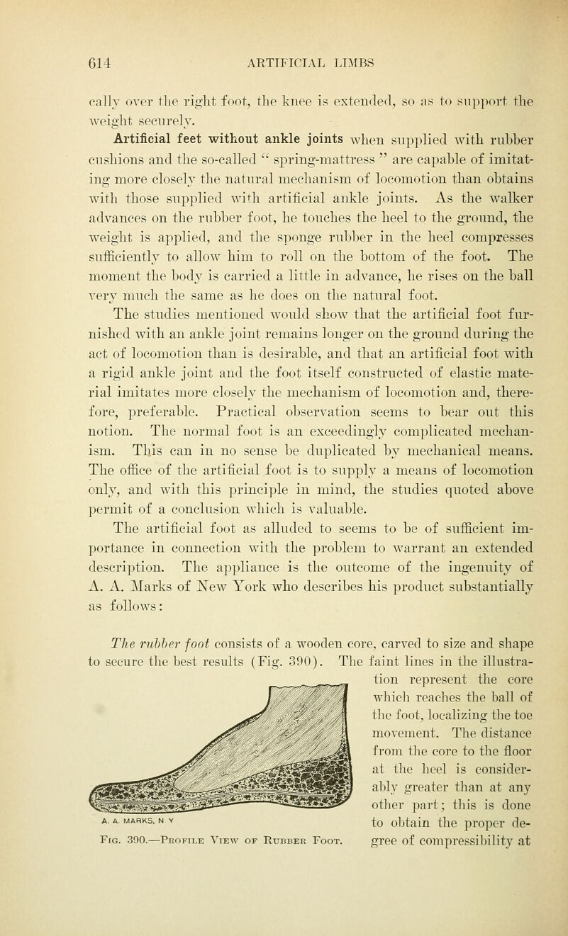 cally over the right foot, the knee is extended, so as to support the weight securely. Artificial feet without ankle joints when supplied with rubber cushions and the so-called  spring-mattress  are capable of imitat- ing more closely the natural mechanism of locomotion than obtains with those supplied with artificial ankle joints. As the walker advances on the rubber foot, he touches the heel to the ground, the weight is applied, and the sponge rubber in the heel compresses sufficiently to allow him to roll on the bottom of the foot. The moment the body is carried a little in advance, he rises on the ball very much the same as he does on the natural foot. The studies mentioned would show that the artificial foot fur- nished with an ankle joint remains longer on the ground during the act of locomotion than is desirable, and that an artificial foot with a rigid ankle joint and the foot itself constructed of elastic mate- rial imitates more closely the mechanism of locomotion and, there- fore, preferable. Practical observation seems to bear out this notion. The normal foot is an exceedingly complicated mechan- ism. This can in no sense be duplicated by mechanical means. The office of the artificial foot is to supply a means of locomotion only, and with this principle in mind, the studies quoted above permit of a conclusion which is valuable. The artificial foot as alluded to seems to be of sufficient im- portance in connection with the problem to warrant an extended description. The appliance is the outcome of the ingenuity of A. A. Marks of New York who describes his product substantially as follows: The rubber foot consists of a wooden core, carved to size and shape to secure the best results (Fig. 390). The faint lines in the illustra- tion represent the core which reaches the ball of the foot, localizing the toe movement. The distance from the core to the floor at the heel is consider- ably greater than at any other part; this is done a. a. marks, n. v ^0 obtain the proper de- Fig. 390.—Profile View of Rubber Foot. gree of compressibility at