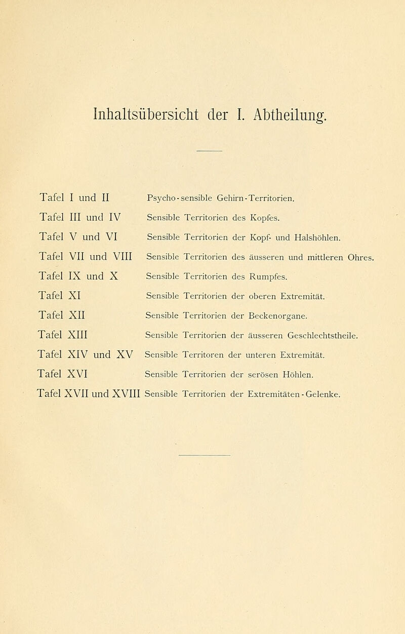 Inhaltsübersicht der I. Abtheilung. Tafel I und U Psycho - sensible Gehirn-Territorien. Tafel III und IV Sensible Territorien des Kopfes. Tafel V und VI Sensible Territorien der Kopf- und Halshöhlen. Tafel VII und VIII Sensible Territorien des äusseren und mittleren Ohres. Tafel IX und X Sensible Territorien des Rumpfes. Tafel XI Sensible Territorien der oberen Extremität. Tafel XII Sensible Territorien der Beckenorgane. Tafel XIII Sensible Territorien der äusseren Geschlechtstheile. Tafel XIV und XV Sensible Territoren der unteren Extremität. Tafel XVI Sensible Territorien der serösen Höhlen. Tafel XVII und XVIII Sensible Territorien der Extremitäten - Gelenke.