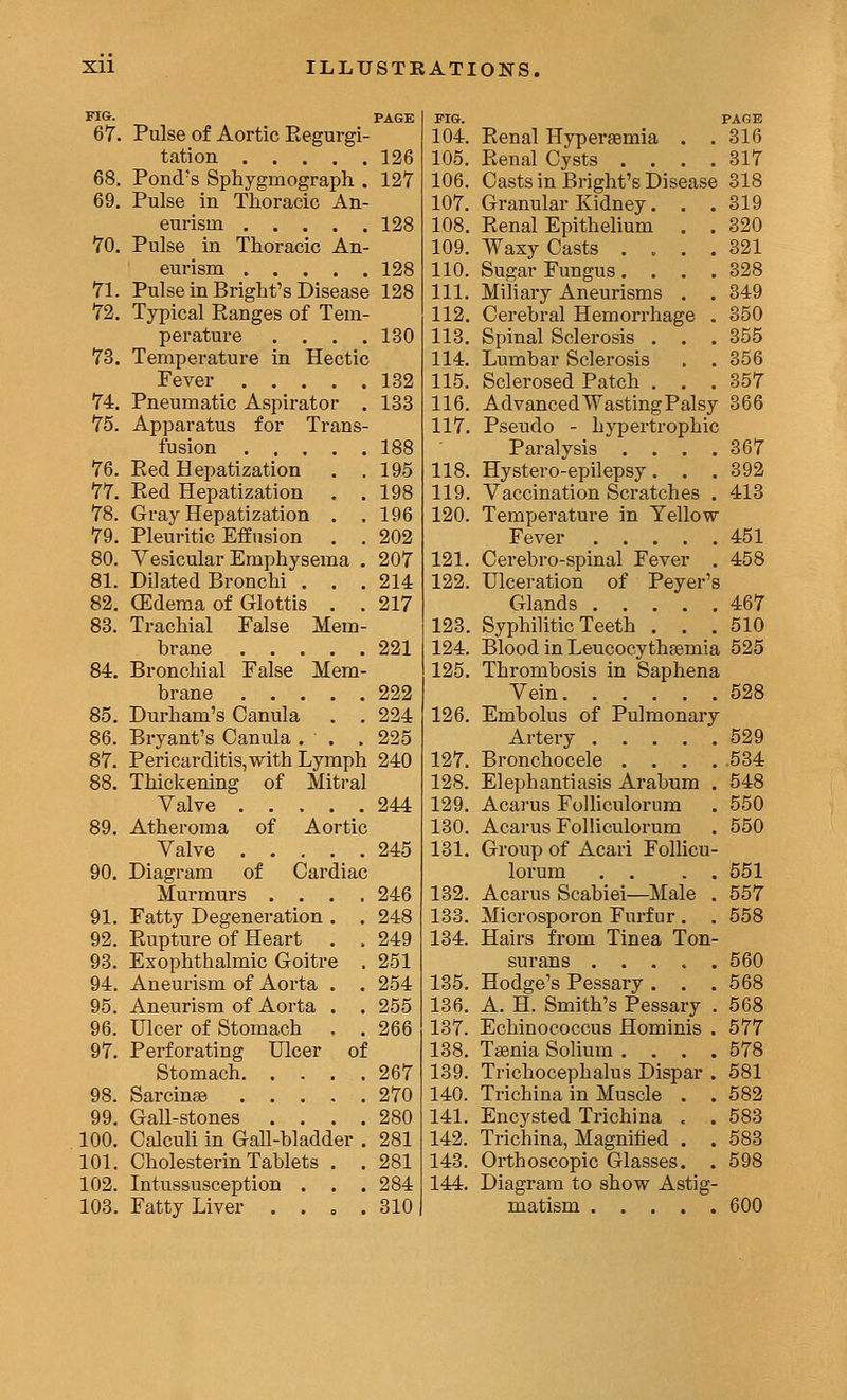 FIG- PAGE 67. Pulse of Aortic Eegurgi- tation 126 68. Pond's Sphygmograph . 127 69. Pulse in Thoracic An- eurism 128 70. Pulse in Thoracic An- eurism 128 71. Pulse in Bright's Disease 128 72. Typical Ranges of Tem- perature . . . .130 73. Temperature in Hectic Fever 132 74. Pneumatic Aspirator . 133 75. Apparatus for Trans- fusion 188 76. Red Hepatization . .195 77. Red Hepatization , .198 78. Gray Hepatization . . 196 79. Pleuritic Effusion . . 202 80. Vesicular Emphysema . 207 81. Dilated Bronchi . . .214 82. (Edema of Glottis . . 217 83. Trachial False Mem- brane 221 84. Bronchial False Mem- brane 222 85. Durham's Canula . , 224 86. Bryant's Oanula . . .225 87. Pericarditis,with Lymph 240 88. Thickening of Mitral Valve 244 89. Atheroma of Aortic Valve 245 90. Diagram of Cardiac Murmurs .... 246 91. Fatty Degeneration . . 248 92. Rupture of Heart . . 249 93. Exophthalmic Goitre . 251 94. Aneurism of Aorta . . 254 95. Aneurism of Aorta . . 255 96. Ulcer of Stomach , . 266 97. Perforating Ulcer of Stomach 267 98. Sarcinse 270 99. Gall-stones .... 280 100. Calculi in Gall-bladder . 281 101. Cholesterin Tablets . . 281 102. Intussusception . . . 284 103. Fatty Liver . ... 310 PIG. PAGE 104. Renal Hyperaemia . . 316 105. Renal Cysts .... 317 106. Casts in Bright's Disease 318 107. Granular Kidney. . . 319 108. Renal Epithelium . . 320 109. Waxy Casts . . . ,321 110. Sugar Fungus. . . .328 111. Miliary Aneurisms . . 349 112. Cerebral Hemorrhage . 350 113. Spinal Sclerosis . . . 355 114. Lumbar Sclerosis . . 356 115. Sclerosed Patch . . .357 116. Advanced Wasting Palsy 366 117. Pseudo - hypertrophic Paralysis .... 367 118. Hystero-epilepsy. . . 392 119. Vaccination Scratches . 413 120. Temperature in Yellow- Fever 451 121. Cerebro-spinal Fever . 458 122. Ulceration of Peyer's Glands 467 123. Syphilitic Teeth . . .510 124. Blood in Leucocythsemia 525 125. Thrombosis in Saphena Vein 528 126. Embolus of Pulmonary Artery 529 127. Bronchocele .... .534 128. Elephantiasis Arabum . 548 129. Acarus Folliculorum . 550 130. Acarus Folliculorum . 550 131. Group of Acari Follicu- lorum . . . . 551 132. Acarus Scabiei—Male . 557 133. Microsporon Furfur . . 558 134. Hairs from Tinea Ton- surans 560 135. Hodge's Pessary . . .568 136. A. H. Smith's Pessary . 568 137. Echinococcus Hominis . 577 138. Taenia Solium . . . .578 139. Trichocephalus Dispar . 581 140. Trichina in Muscle . . 582 141. Encysted Trichina . . 583 142. Trichina, Magnified . . 583 143. Orthoscopic Glasses, , 598 144. Diagram to show Astig- matism 600