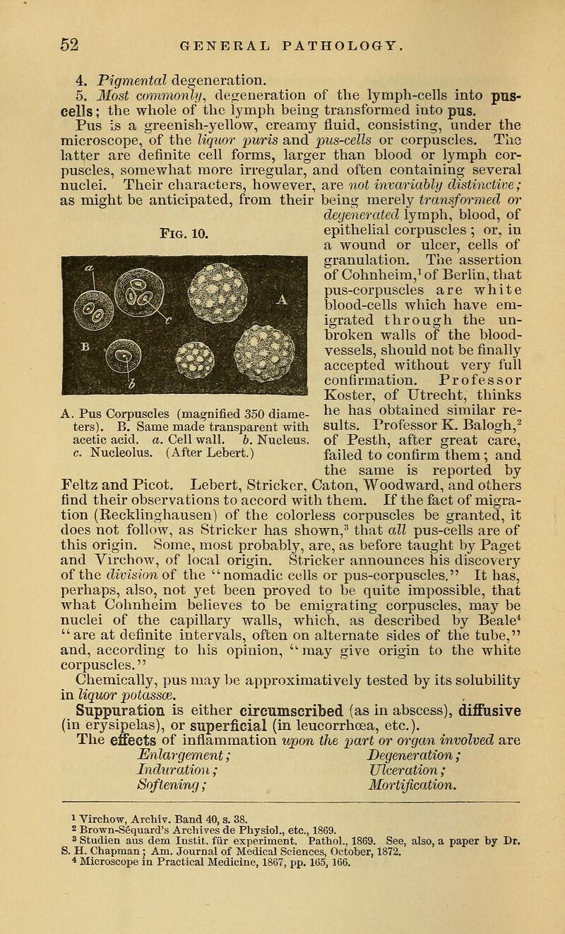 4. Pigmental degeneration. 5. Host commonly, degeneration of the lymph-cells into pus- cells ; the whole of the lymph being transformed into pus. Pus is a greenish-yellow, creamy fluid, consisting, under the microscope, of the liquor puris and pus-cells or corpuscles. Tlio latter are definite cell forms, larger than blood or lymph cor- puscles, somewhat more irregular, and often containing several nuclei. Their characters, however, are not invariably distinctive; as might be anticipated, from their being merely transformed or degenerated lymph, blood, of Fig. 10. epithelial corpuscles ; or, in a wound or ulcer, cells of granulation. The assertion of Cohnheim,! ^f 33erlin, that pus-corpuscles are white blood-cells which have em- igrated through the un- broken walls of the blood- vessels, should not be finally accepted without very full confirmation. Professor Koster, of Utrecht, thinks he has obtained similar re- sults. Professor K. Balogh,^ of Pesth, after great care, failed to confirm them; and the same is reported by Feltz and Picot. Lebert, Strieker, Caton, Woodward, and others find their observations to accord with them. If the fact of migra- tion (Recklinghausen) of the colorless corpuscles be granted, it does not follow, as Strieker has shown,^ that all pus-cells are of this origin. Some, most probably, are, as before taught by Paget and Virchow, of local origin. Strieker announces his discovery of the divisio7i of the nomadic cells or pus-corpuscles. It has, perhaps, also, not yet been proved to be quite impossible, that what Cohnheim believes to be emigrating corpuscles, may be nuclei of the capillary walls, which, as described by Beale* are at definite intervals, often on alternate sides of the tube, and, according to his opinion,  may give origin to the white corpuscles. Chemically, pus may be approximatively tested by its solubility in liquor potassce. Suppuration is either circumscribed (as in abscess), diffusive (in erysipelas), or superficial (in leucorrhoea, etc.). The effects of inflammation upon the part or organ involved are Enlargement; Degeneration ; Induration i; Ulceration ; Softening; Mortification. A. Pus Corpuscles (magnified 350 diame- ters). B. Same made transparent with acetic acid. a. Cell wall. b. Nucleus, c. Nucleolus. (After Lebert.) 1 Virchow, Archiv. Band 40, s. 38. 2 Brown-Sequard's Archives de Physiol., etc., 1869. 3 Studien aus dem Instit. fur experiment. Pathol., 1869. See, also, a paper by Dr. S. H. Chapman ; Am. Journal of Medical Sciences, October, 1872. 4 Microscope in Practical Medicine, 1867, pp. 165,166.